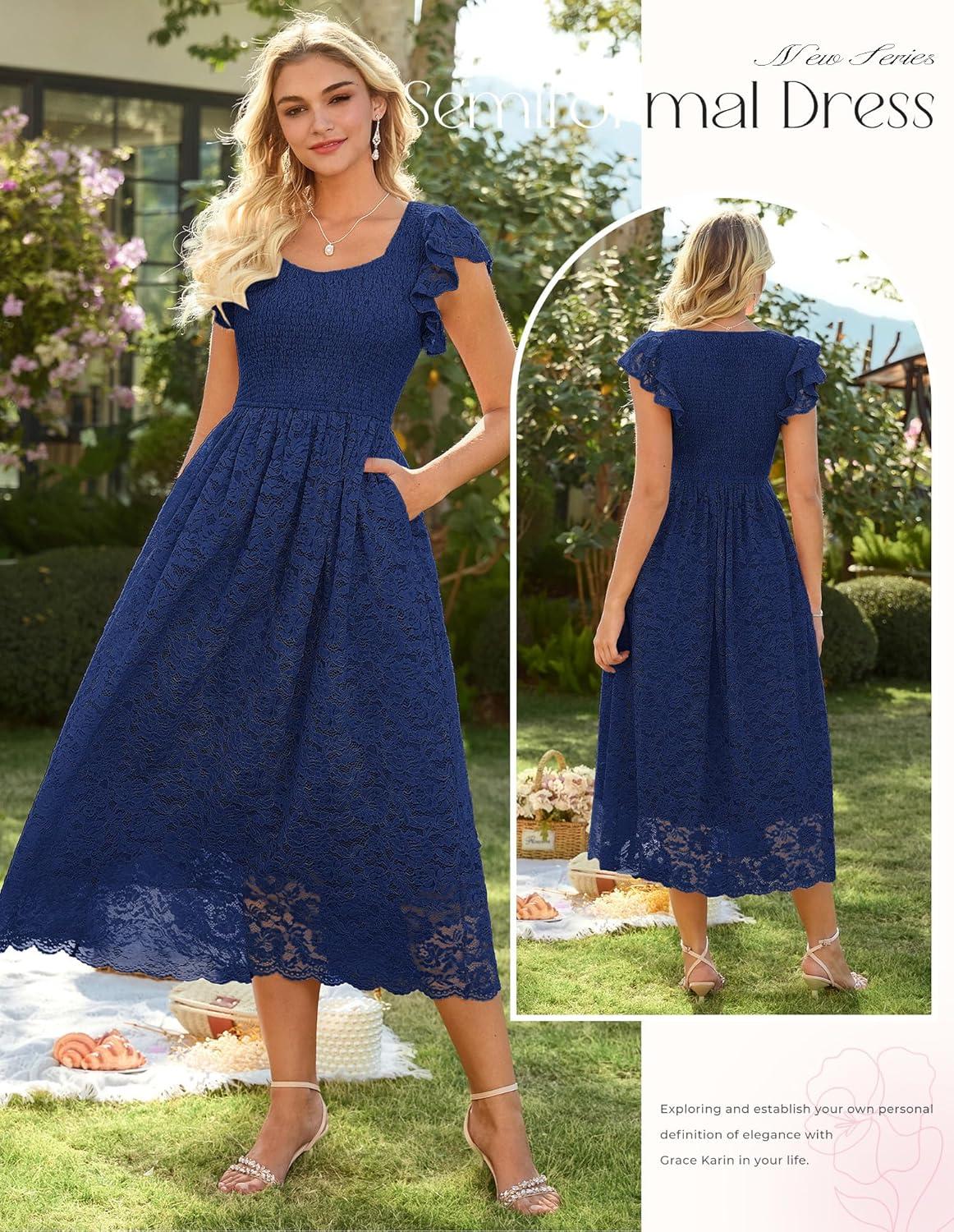 imageGRACE KARIN Womens Cocktail Party DressesLace Wedding Guest DressesV Neck Formal Midi DressNavy Blue