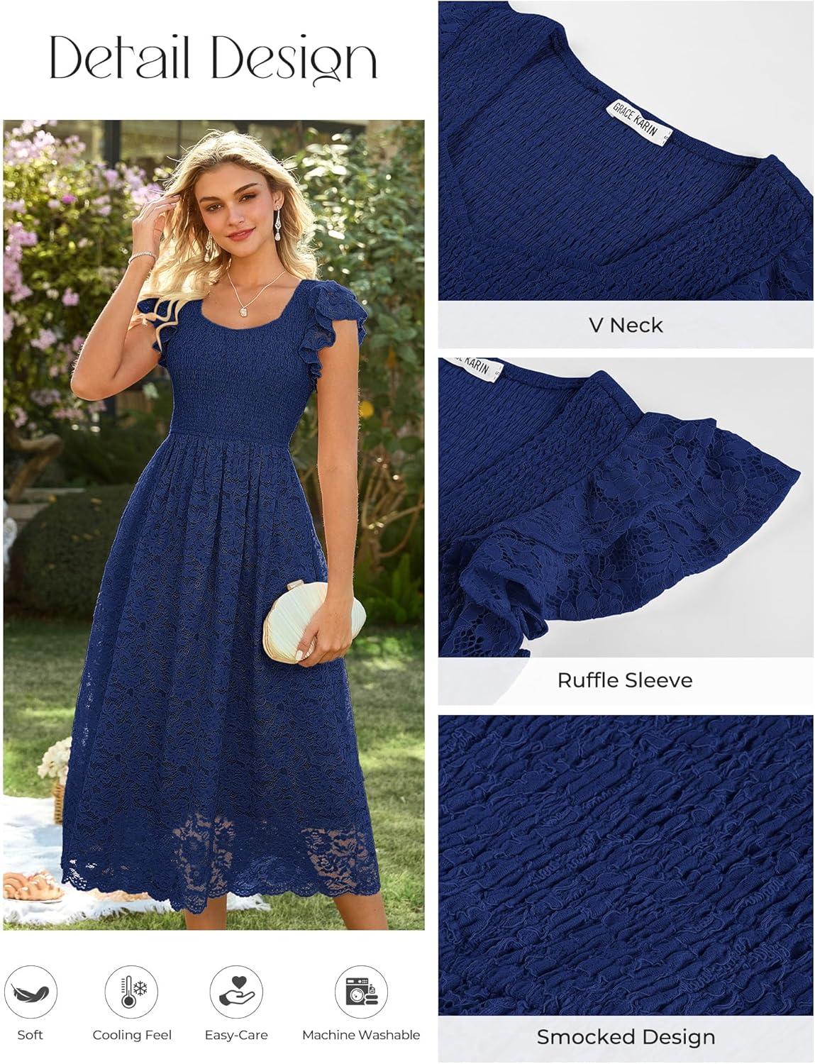 imageGRACE KARIN Womens Cocktail Party DressesLace Wedding Guest DressesV Neck Formal Midi DressNavy Blue