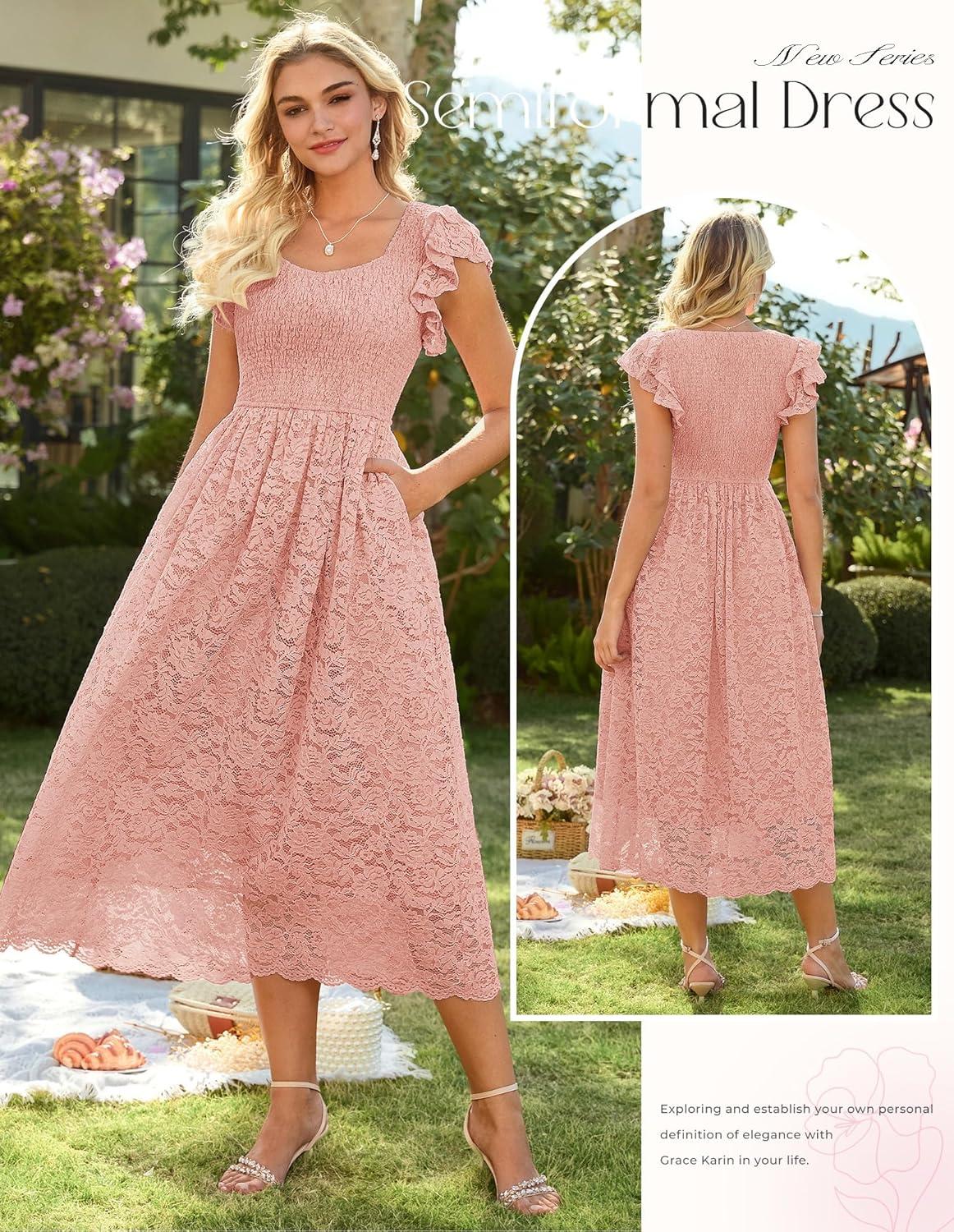imageGRACE KARIN Womens Cocktail Party DressesLace Wedding Guest DressesV Neck Formal Midi DressPink