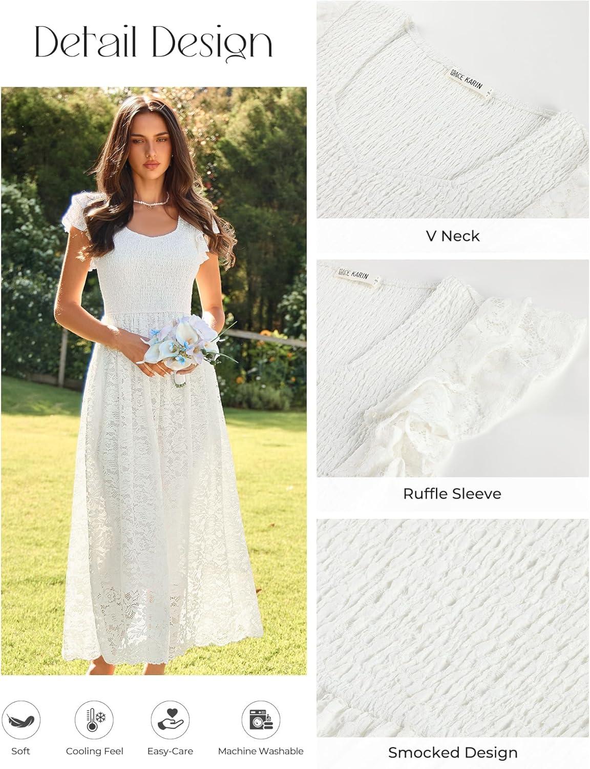 imageGRACE KARIN Womens Cocktail Party DressesLace Wedding Guest DressesV Neck Formal Midi DressWhite