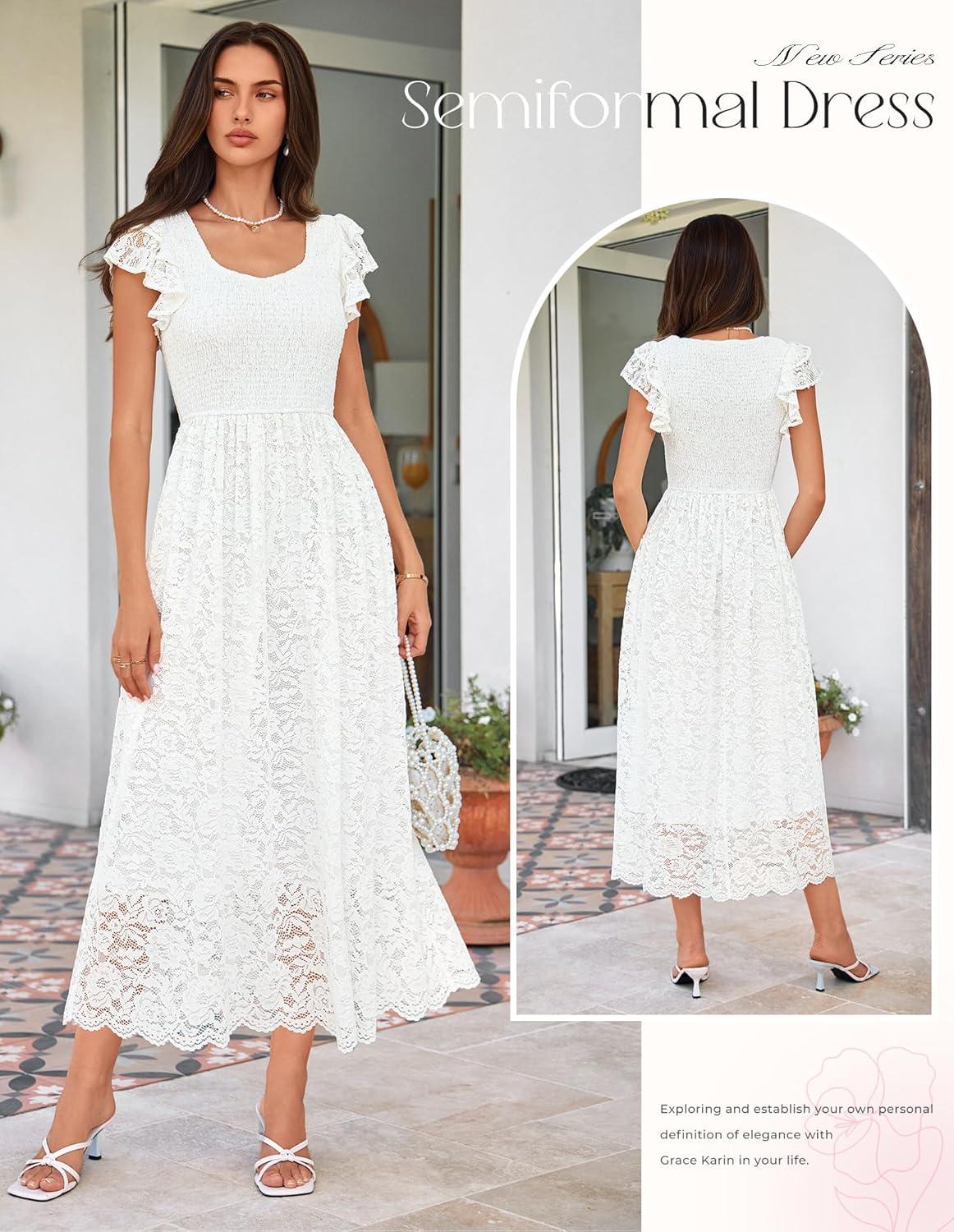 imageGRACE KARIN Womens Cocktail Party DressesLace Wedding Guest DressesV Neck Formal Midi DressWhite