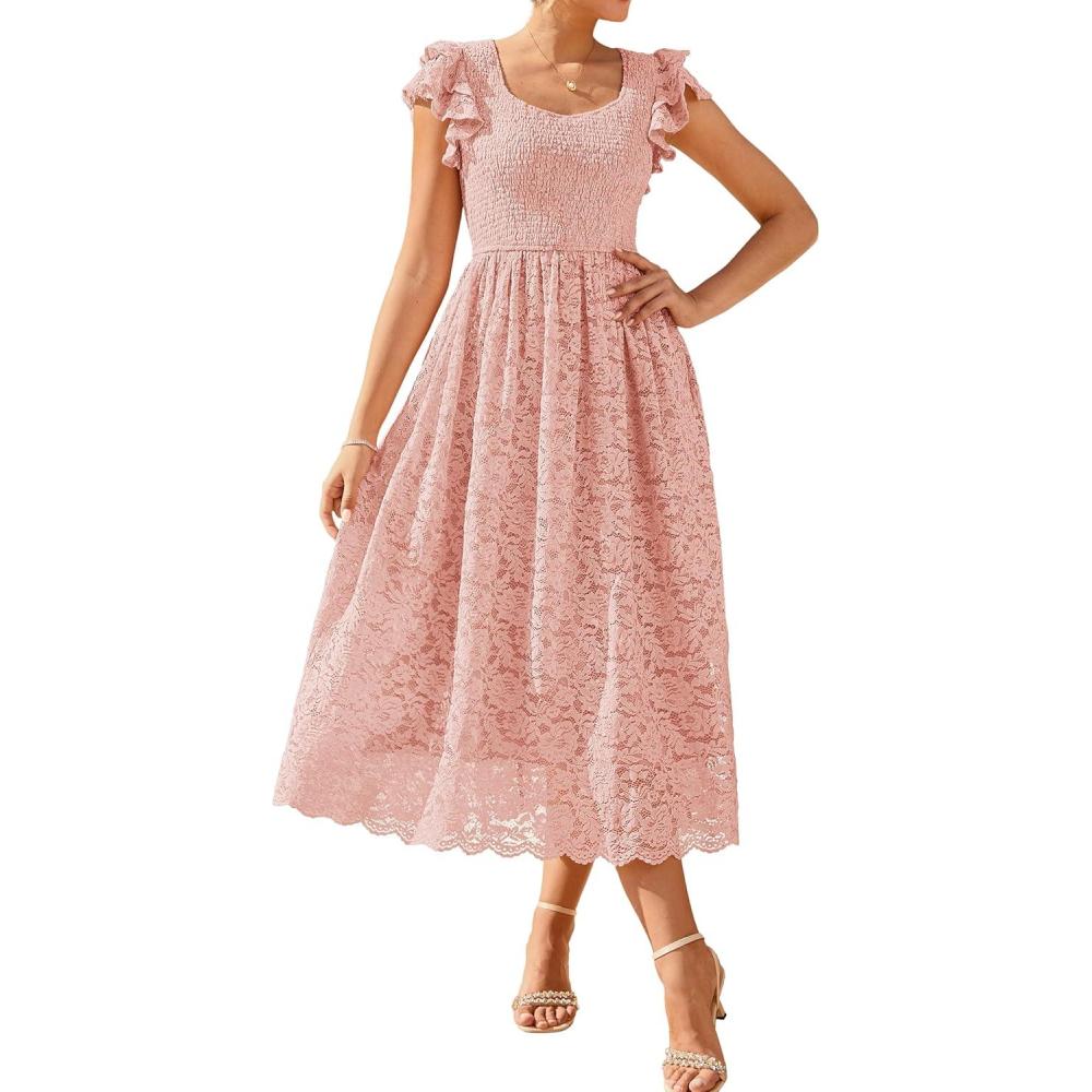 imageGRACE KARIN Womens Cocktail Party DressesLace Wedding Guest DressesV Neck Formal Midi DressPink