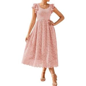 GRACE KARIN Women’s Cocktail Party Dresses,Lace Wedding Guest Dresses,V Neck Formal Midi Dress(Pink)