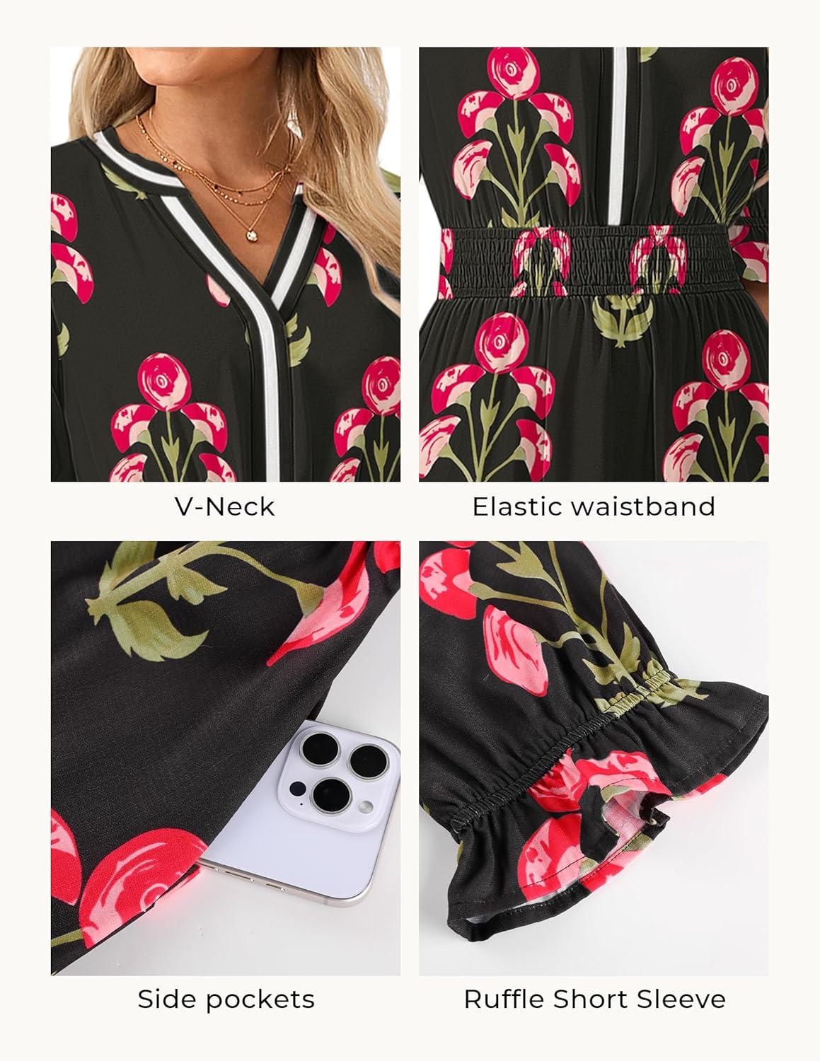 imageGRACE KARIN Womens Summer Floral Maxi Dress 2026 Casual Ruffle Short Sleeve Boho Dress A Line Flowy Dresses with PocketsBlack Red Flower