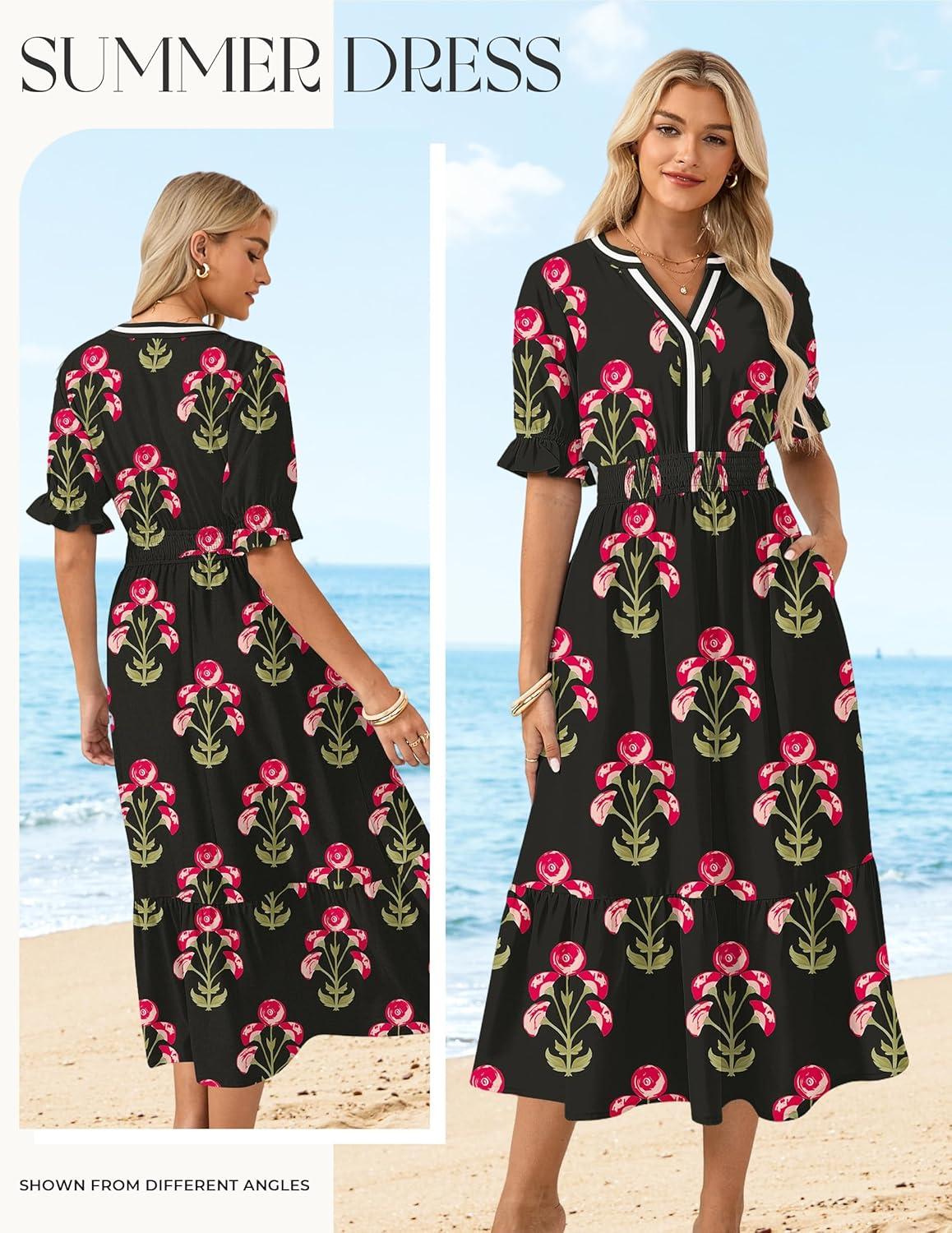 imageGRACE KARIN Womens Summer Floral Maxi Dress 2026 Casual Ruffle Short Sleeve Boho Dress A Line Flowy Dresses with PocketsBlack Red Flower
