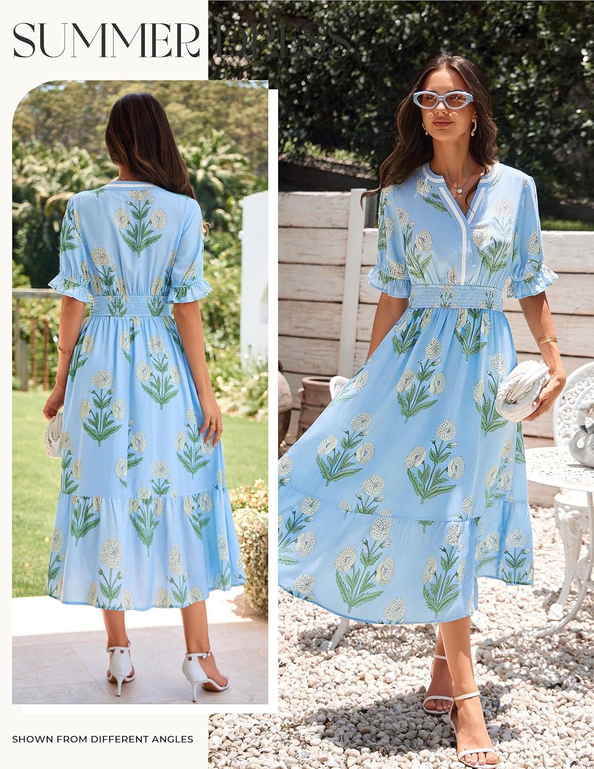 imageGRACE KARIN Womens Summer Floral Maxi Dress 2026 Casual Ruffle Short Sleeve Boho Dress A Line Flowy Dresses with PocketsBlue Yellow Flower