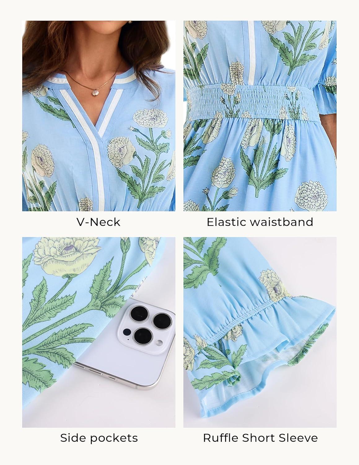 imageGRACE KARIN Womens Summer Floral Maxi Dress 2026 Casual Ruffle Short Sleeve Boho Dress A Line Flowy Dresses with PocketsBlue Yellow Flower