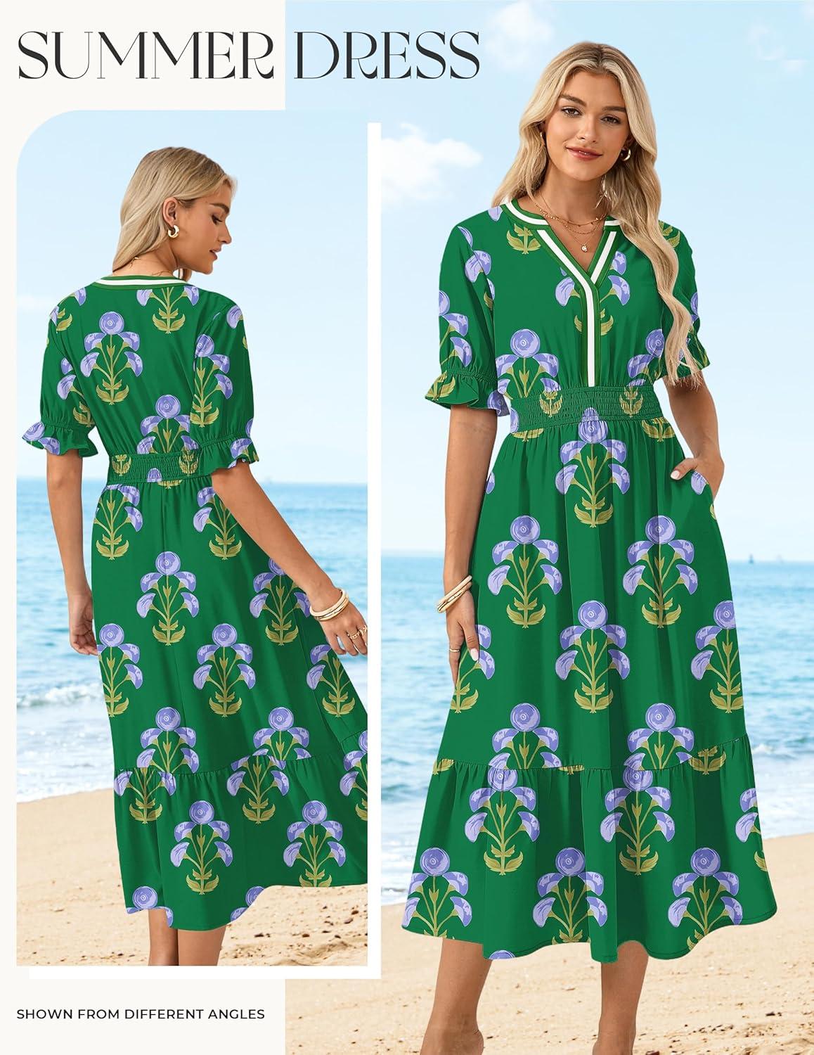 imageGRACE KARIN Womens Summer Floral Maxi Dress 2026 Casual Ruffle Short Sleeve Boho Dress A Line Flowy Dresses with PocketsGreen Blue Flower