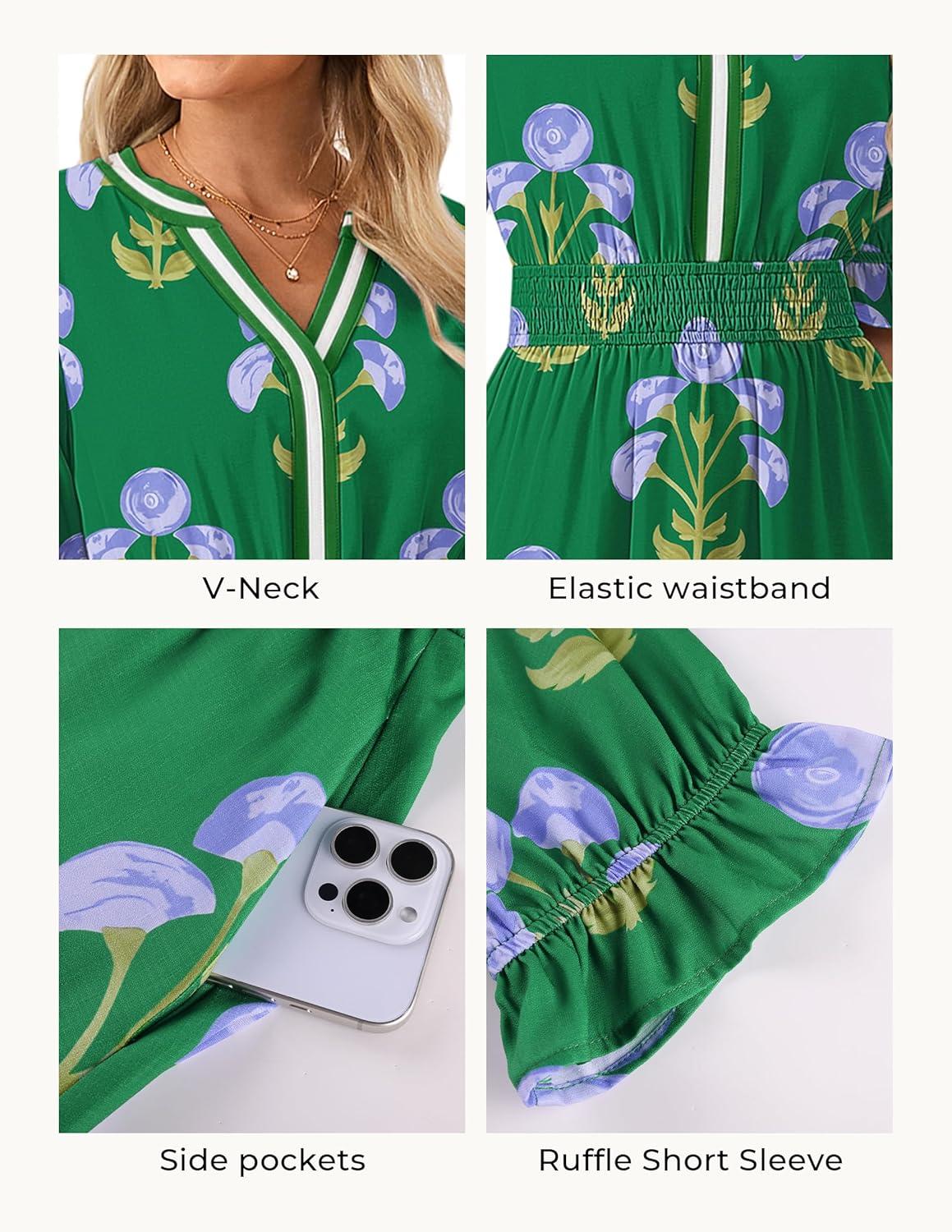 imageGRACE KARIN Womens Summer Floral Maxi Dress 2026 Casual Ruffle Short Sleeve Boho Dress A Line Flowy Dresses with PocketsGreen Blue Flower