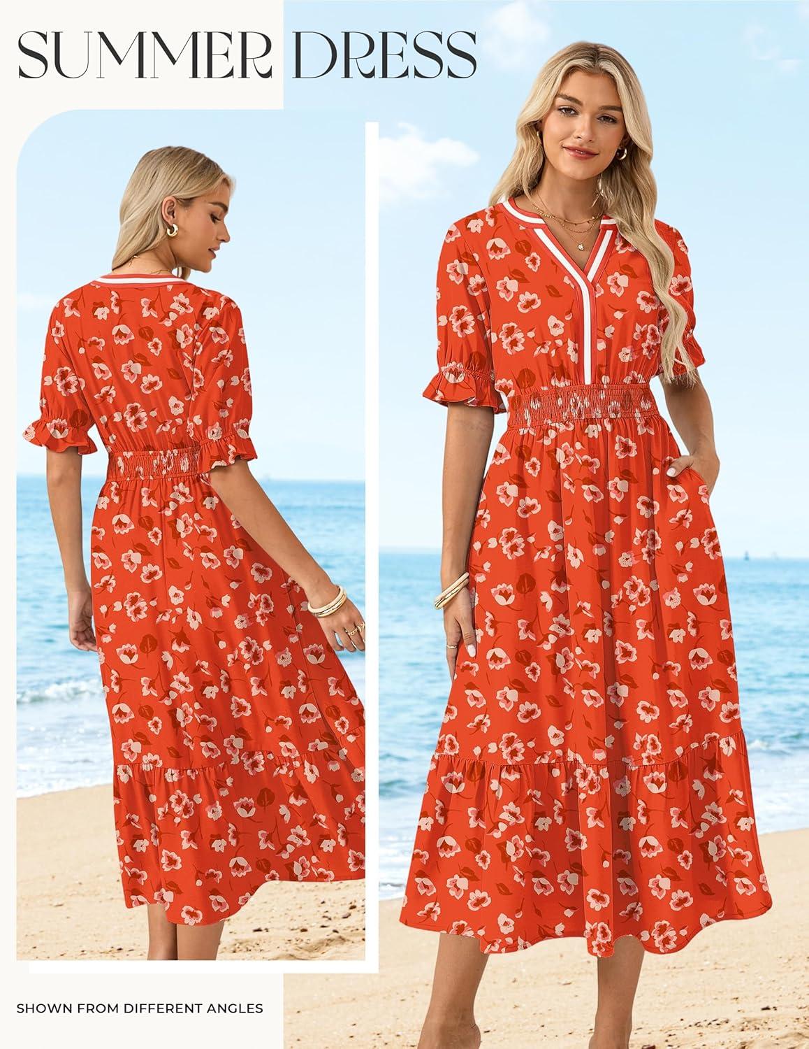 imageGRACE KARIN Womens Summer Floral Maxi Dress 2026 Casual Ruffle Short Sleeve Boho Dress A Line Flowy Dresses with PocketsOrange Flower