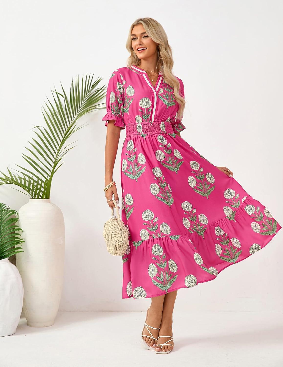 imageGRACE KARIN Womens Summer Floral Maxi Dress 2026 Casual Ruffle Short Sleeve Boho Dress A Line Flowy Dresses with PocketsPink Yellow Flower