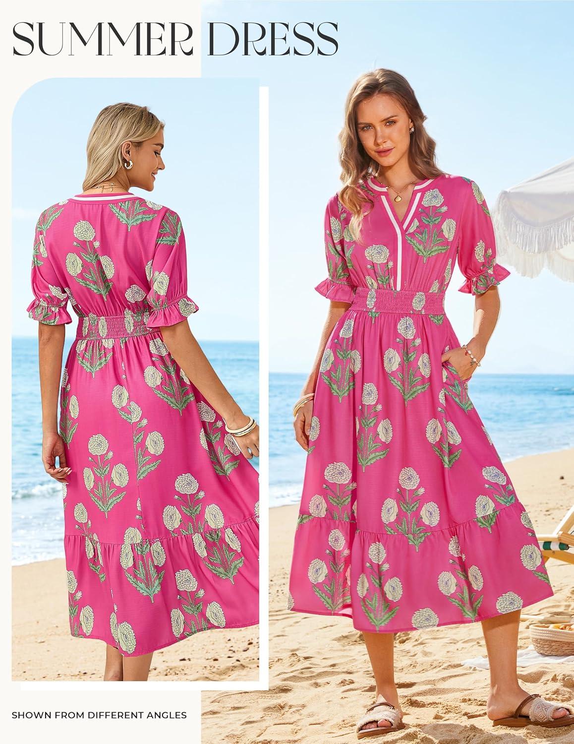 imageGRACE KARIN Womens Summer Floral Maxi Dress 2026 Casual Ruffle Short Sleeve Boho Dress A Line Flowy Dresses with PocketsPink Yellow Flower