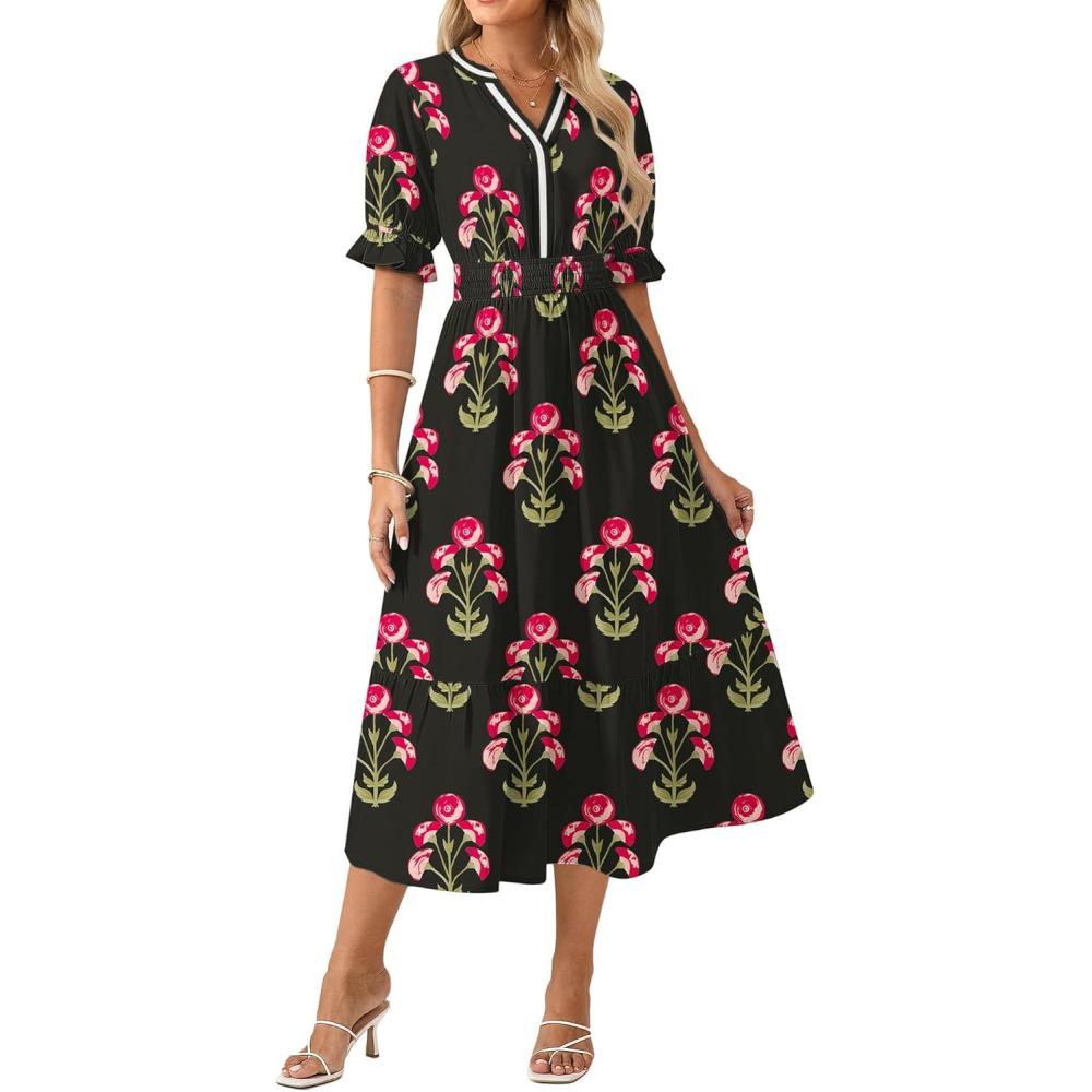 imageGRACE KARIN Womens Summer Floral Maxi Dress 2026 Casual Ruffle Short Sleeve Boho Dress A Line Flowy Dresses with PocketsBlack Red Flower