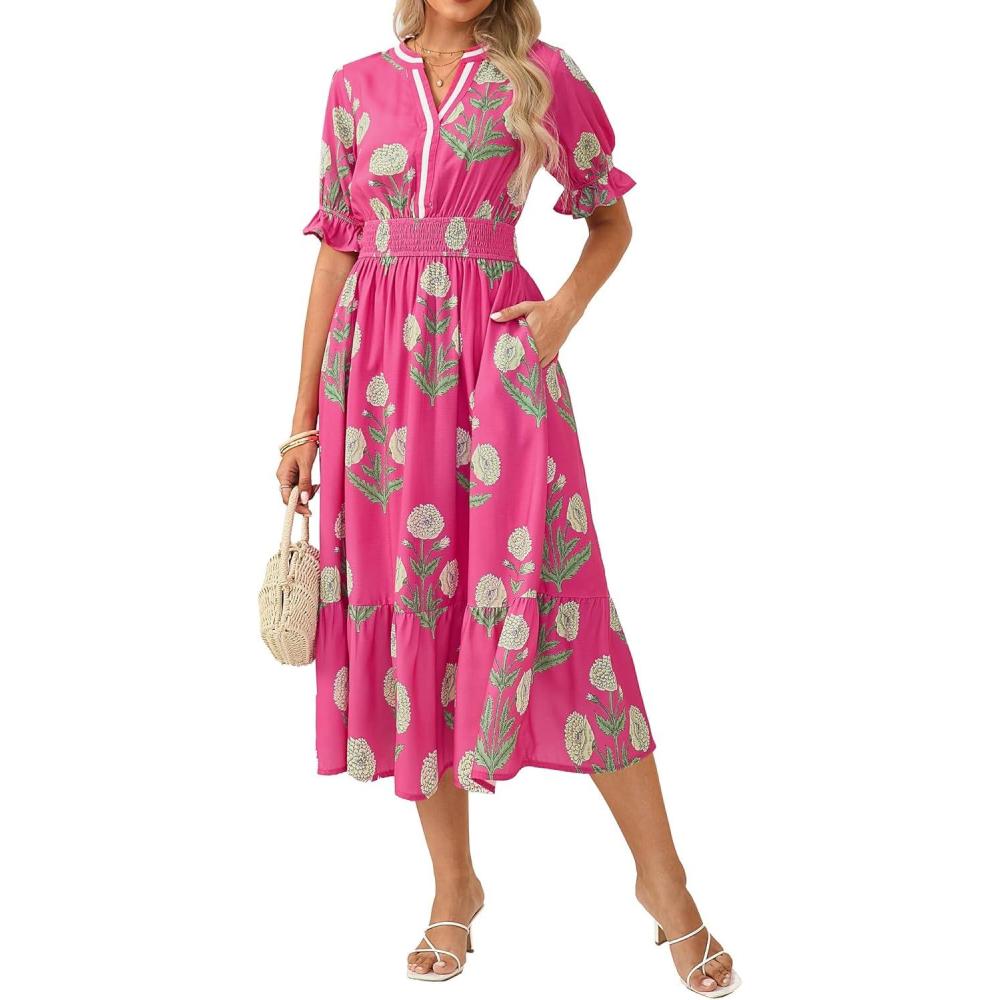 imageGRACE KARIN Womens Summer Floral Maxi Dress 2026 Casual Ruffle Short Sleeve Boho Dress A Line Flowy Dresses with PocketsPink Yellow Flower