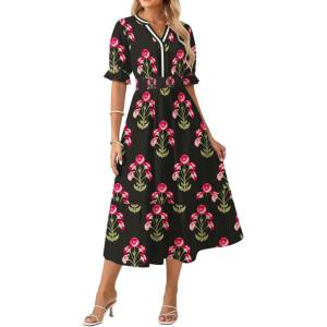 GRACE KARIN Womens Summer Floral Maxi Dress 2026 Casual Ruffle Short Sleeve Boho Dress A Line Flowy Dresses with Pockets(Black Red Flower)