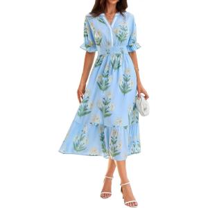 GRACE KARIN Womens Summer Floral Maxi Dress 2026 Casual Ruffle Short Sleeve Boho Dress A Line Flowy Dresses with Pockets(Blue Yellow Flower)