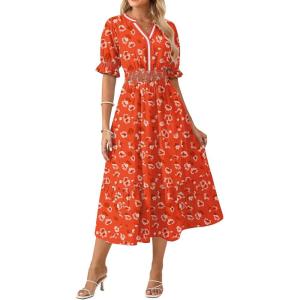 GRACE KARIN Womens Summer Floral Maxi Dress 2026 Casual Ruffle Short Sleeve Boho Dress A Line Flowy Dresses with Pockets(Orange Flower)