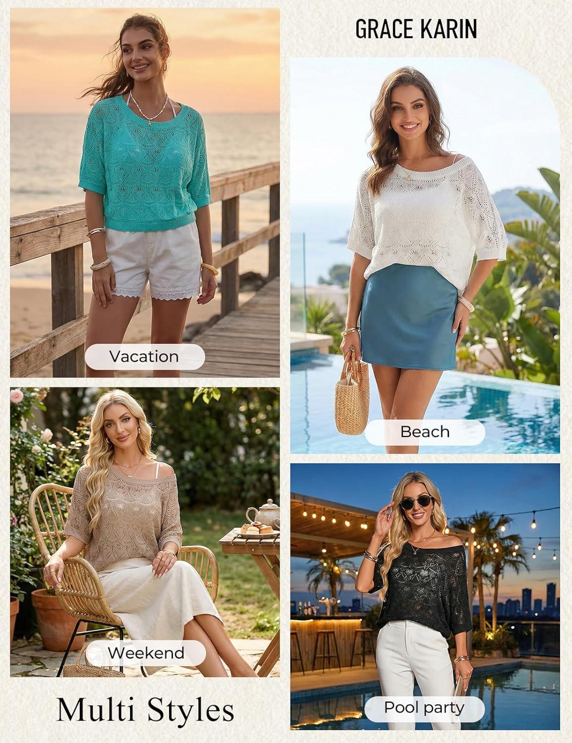 imageGRACE KARIN Womens Crochet Hollow Out Kint Tops Short Sleeve Sweater Trendy 2026 Spring Summer Beach Cover Up OutfitsBlack