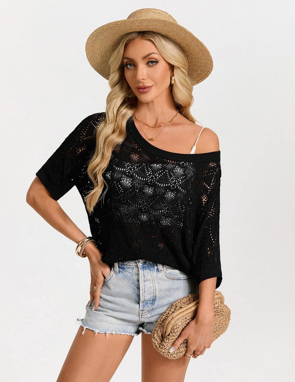 imageGRACE KARIN Womens Crochet Hollow Out Kint Tops Short Sleeve Sweater Trendy 2026 Spring Summer Beach Cover Up OutfitsBlack