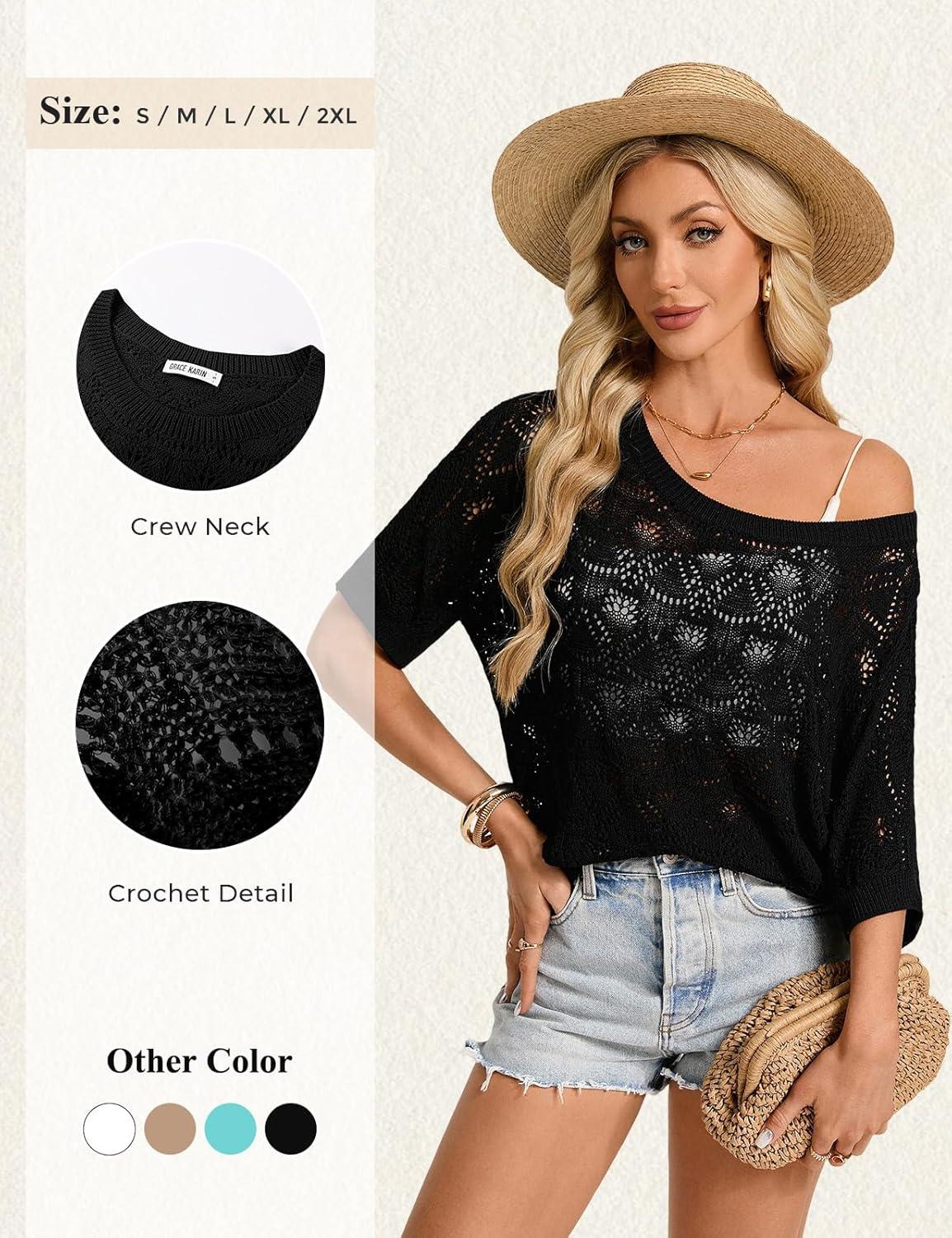 imageGRACE KARIN Womens Crochet Hollow Out Kint Tops Short Sleeve Sweater Trendy 2026 Spring Summer Beach Cover Up OutfitsBlack