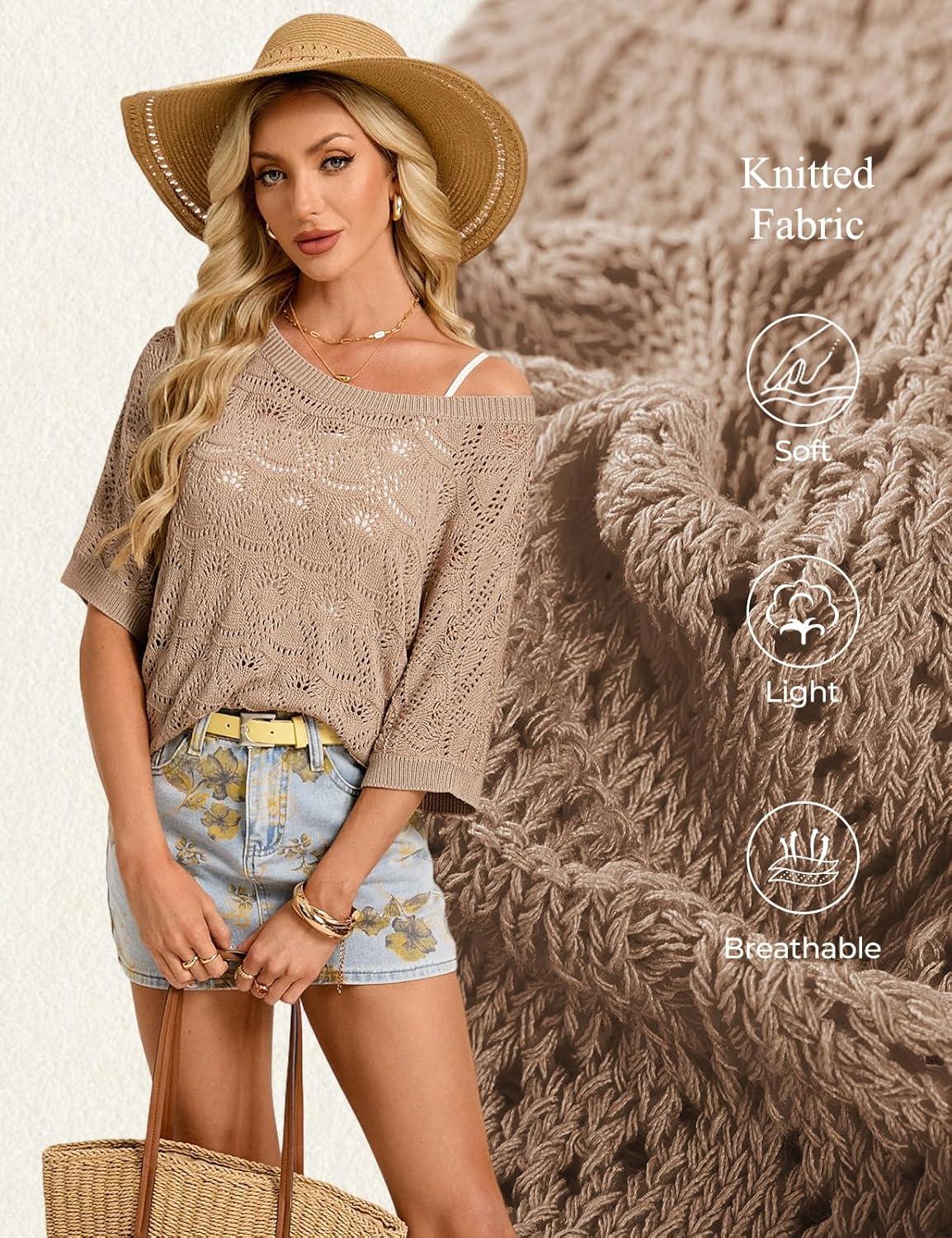 imageGRACE KARIN Womens Crochet Hollow Out Kint Tops Short Sleeve Sweater Trendy 2026 Spring Summer Beach Cover Up OutfitsKhaki