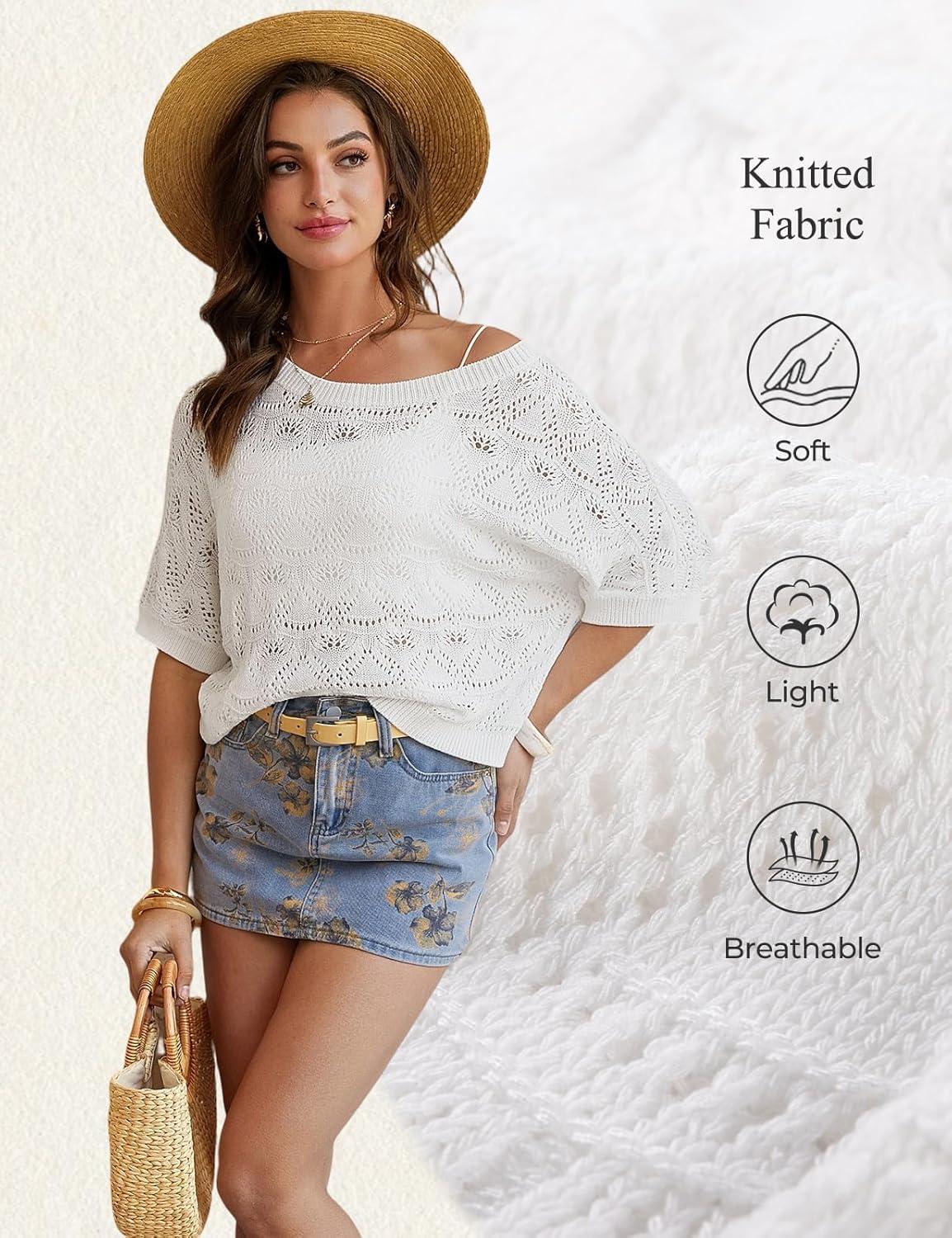 imageGRACE KARIN Womens Crochet Hollow Out Kint Tops Short Sleeve Sweater Trendy 2026 Spring Summer Beach Cover Up OutfitsWhite