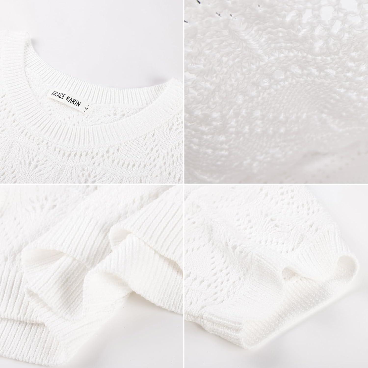 imageGRACE KARIN Womens Crochet Hollow Out Kint Tops Short Sleeve Sweater Trendy 2026 Spring Summer Beach Cover Up OutfitsWhite