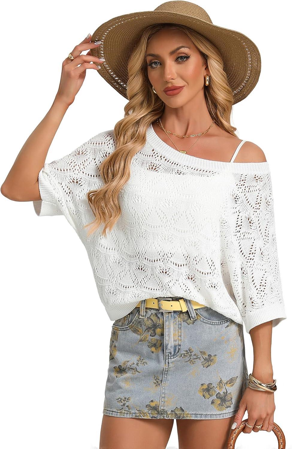 imageGRACE KARIN Womens Crochet Hollow Out Kint Tops Short Sleeve Sweater Trendy 2026 Spring Summer Beach Cover Up OutfitsWhite