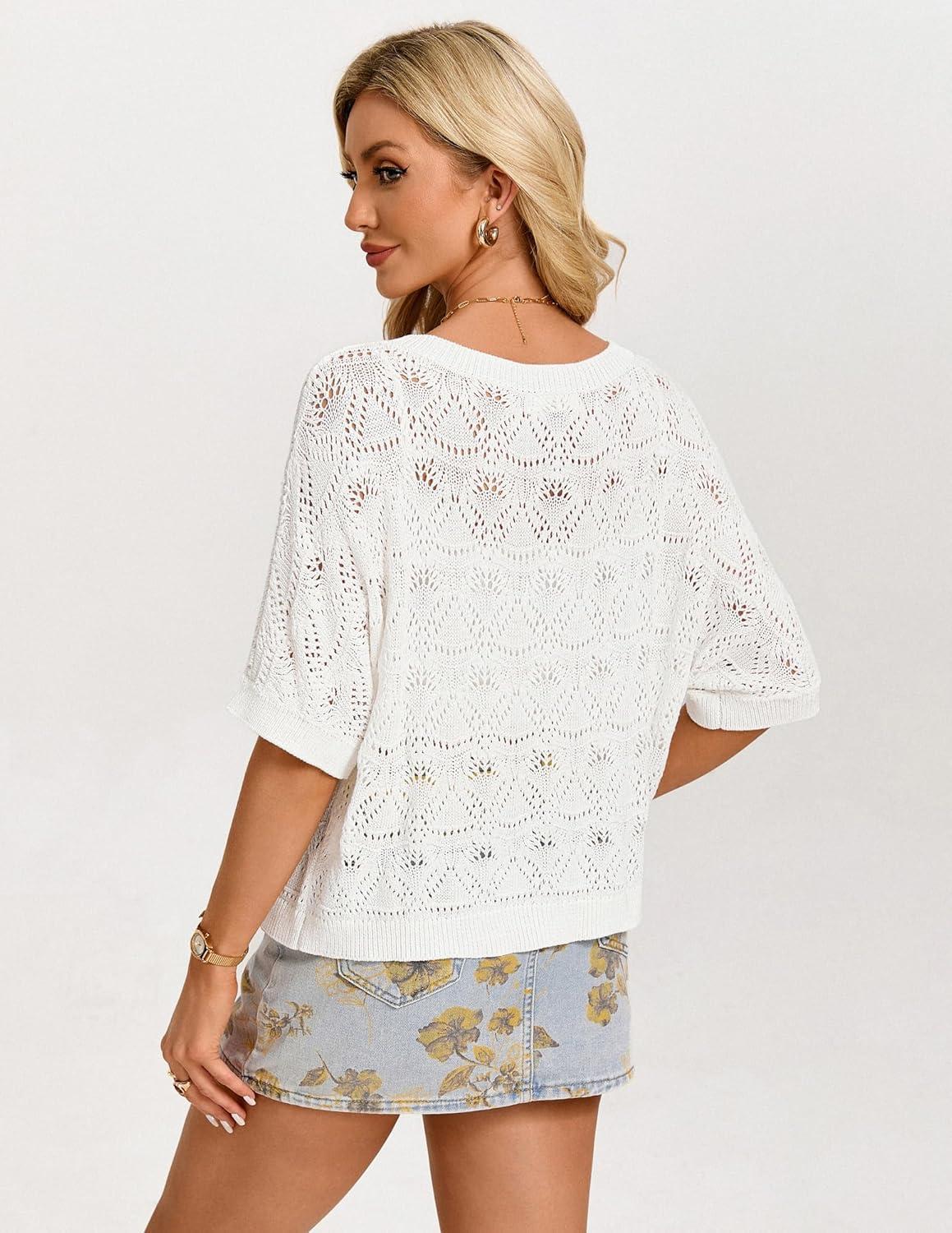 imageGRACE KARIN Womens Crochet Hollow Out Kint Tops Short Sleeve Sweater Trendy 2026 Spring Summer Beach Cover Up OutfitsWhite