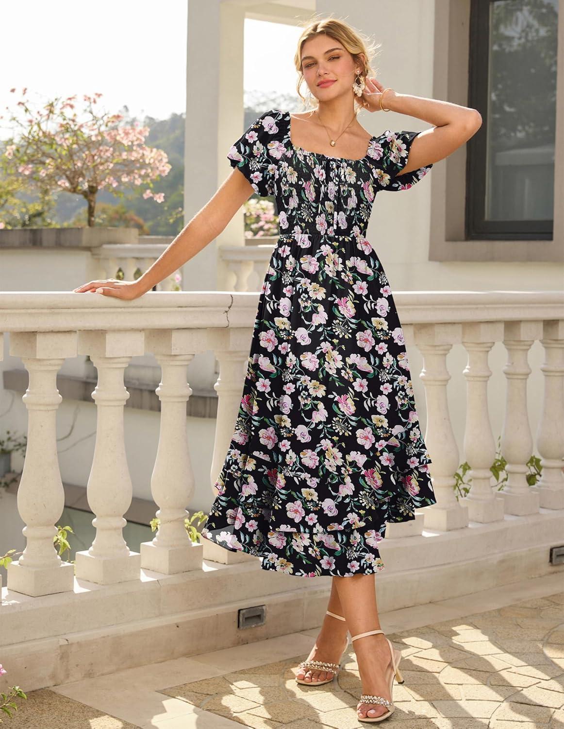 imageGRACE KARIN Womens Summer Floral Maxi Dress 2026 Flowy Wedding Guest Dress A Line Boho Dresses Fashion Clothing with PocketsBlack Pink Floral