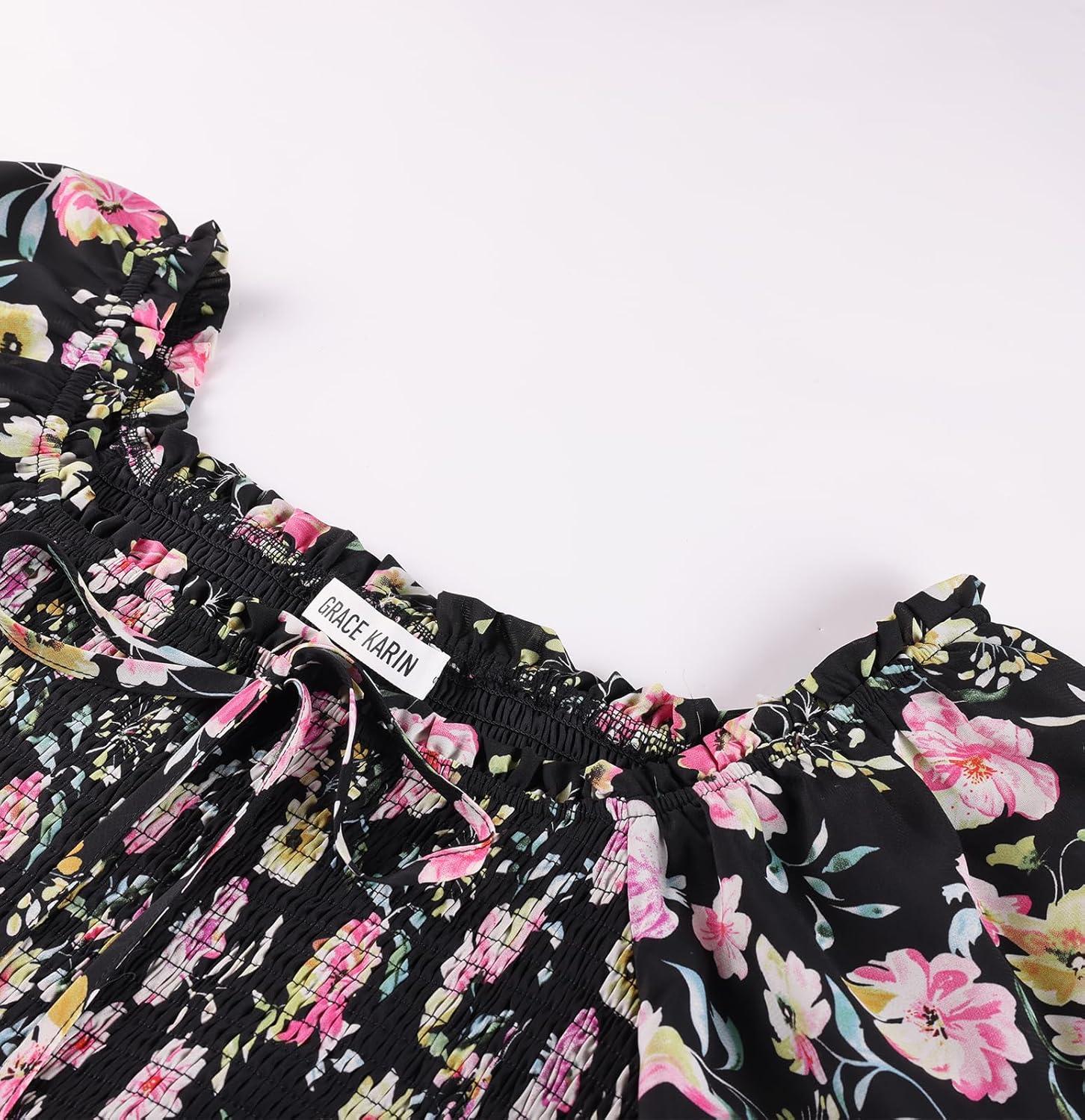 imageGRACE KARIN Womens Summer Floral Maxi Dress 2026 Flowy Wedding Guest Dress A Line Boho Dresses Fashion Clothing with PocketsBlack Pink Floral