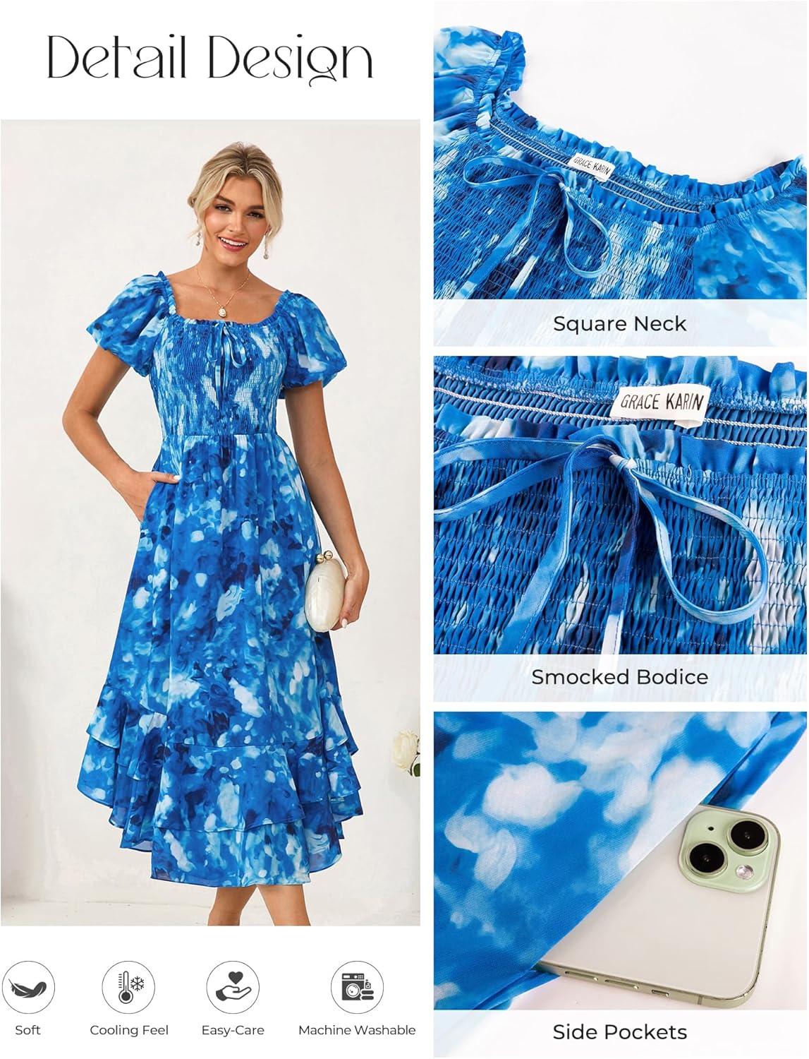 imageGRACE KARIN Womens Summer Floral Maxi Dress 2026 Flowy Wedding Guest Dress A Line Boho Dresses Fashion Clothing with PocketsBlue Floral