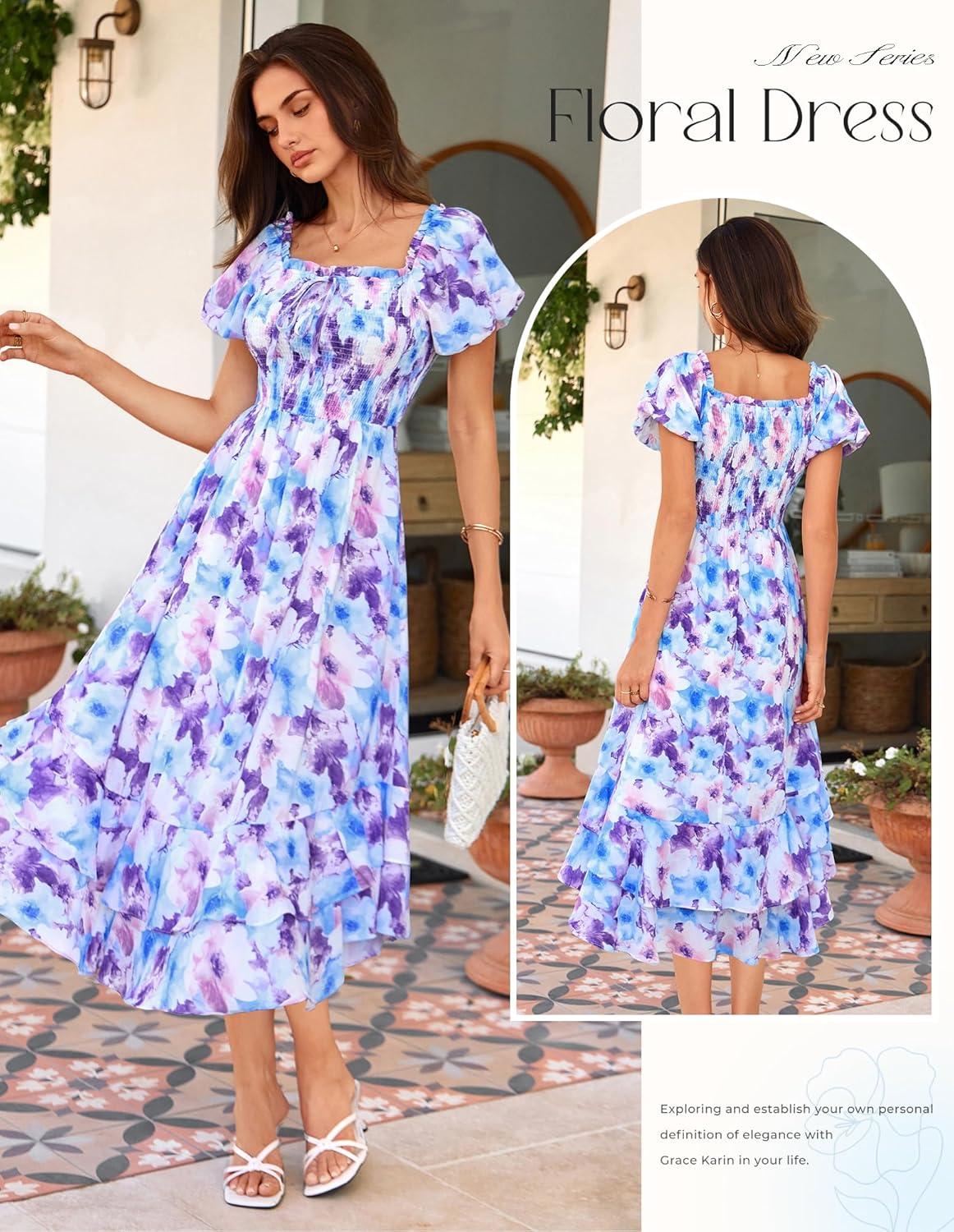 imageGRACE KARIN Womens Summer Floral Maxi Dress 2026 Flowy Wedding Guest Dress A Line Boho Dresses Fashion Clothing with PocketsBlue Purple Floral