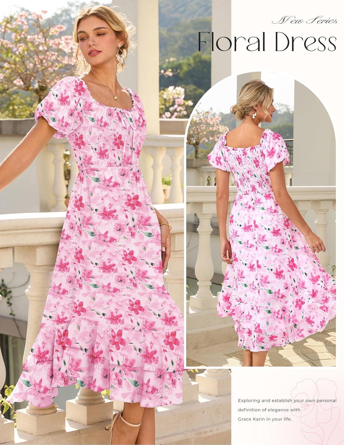 imageGRACE KARIN Womens Summer Floral Maxi Dress 2026 Flowy Wedding Guest Dress A Line Boho Dresses Fashion Clothing with PocketsPink Floral
