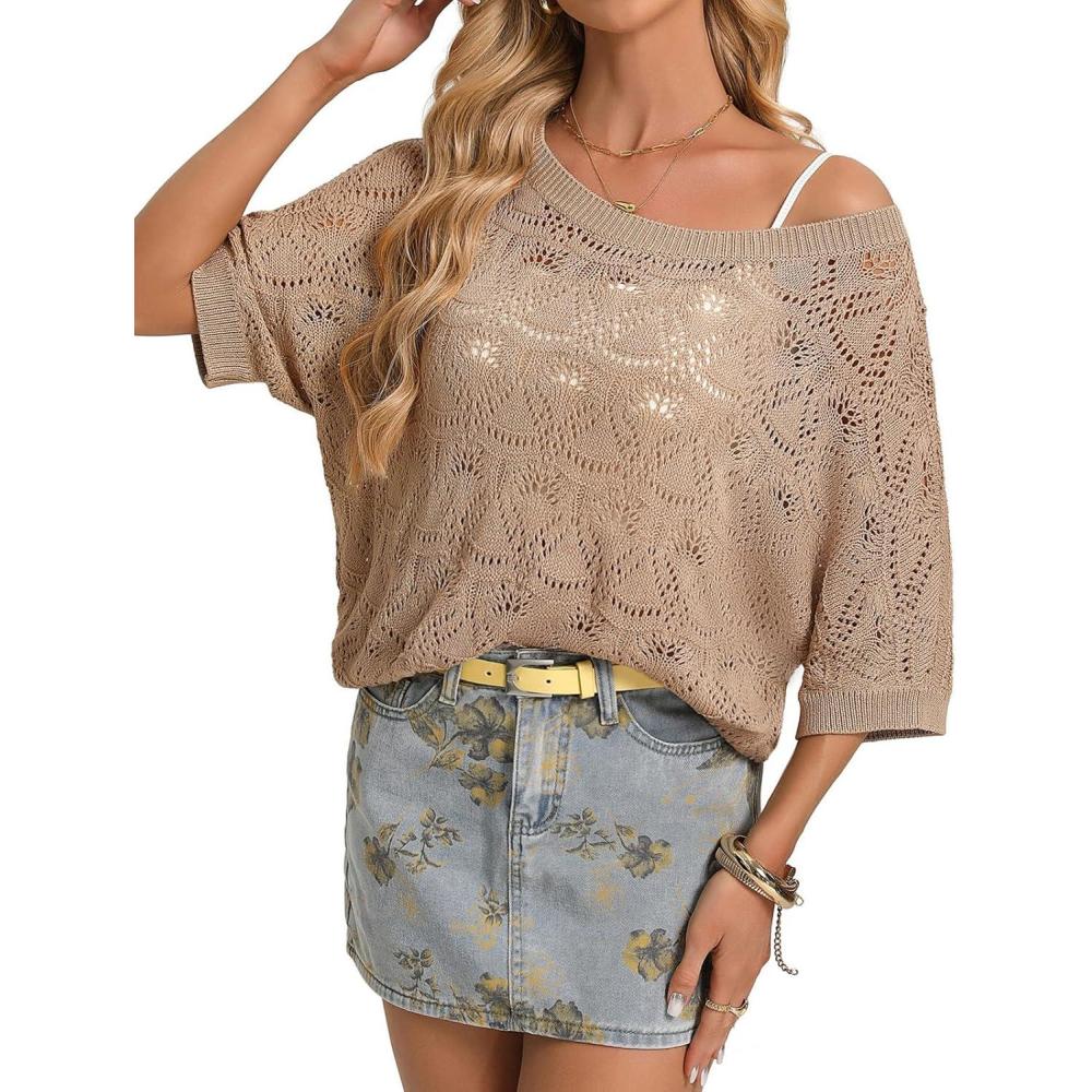 imageGRACE KARIN Womens Crochet Hollow Out Kint Tops Short Sleeve Sweater Trendy 2026 Spring Summer Beach Cover Up OutfitsKhaki