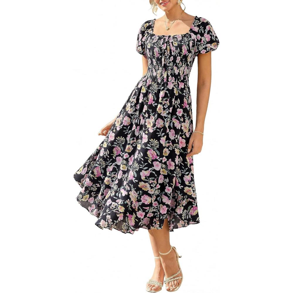 imageGRACE KARIN Womens Summer Floral Maxi Dress 2026 Flowy Wedding Guest Dress A Line Boho Dresses Fashion Clothing with PocketsBlack Pink Floral