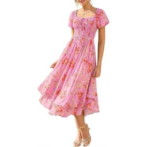 GRACE KARIN Womens Summer Floral Maxi Dress 2026 Flowy Wedding Guest Dress A Line Boho Dresses Fashion Clothing with Pockets(Pink Red Floral)