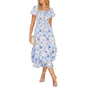 GRACE KARIN Womens Summer Floral Maxi Dress 2026 Flowy Wedding Guest Dress A Line Boho Dresses Fashion Clothing with Pockets(White Blue Floral)