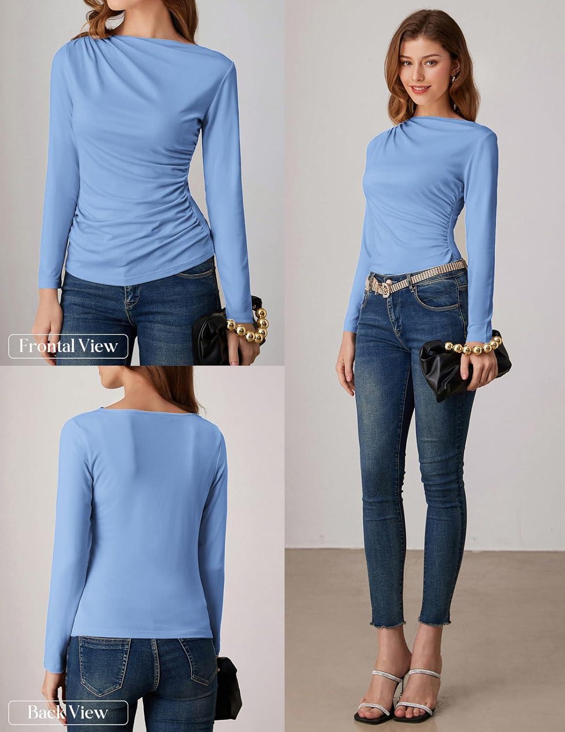 imageGRACE KARIN 2026 Womens Long Sleeve Wrap Blouse Boat Neck Ruched Fitted Trendy Top for Fall Dressy CasualBlue