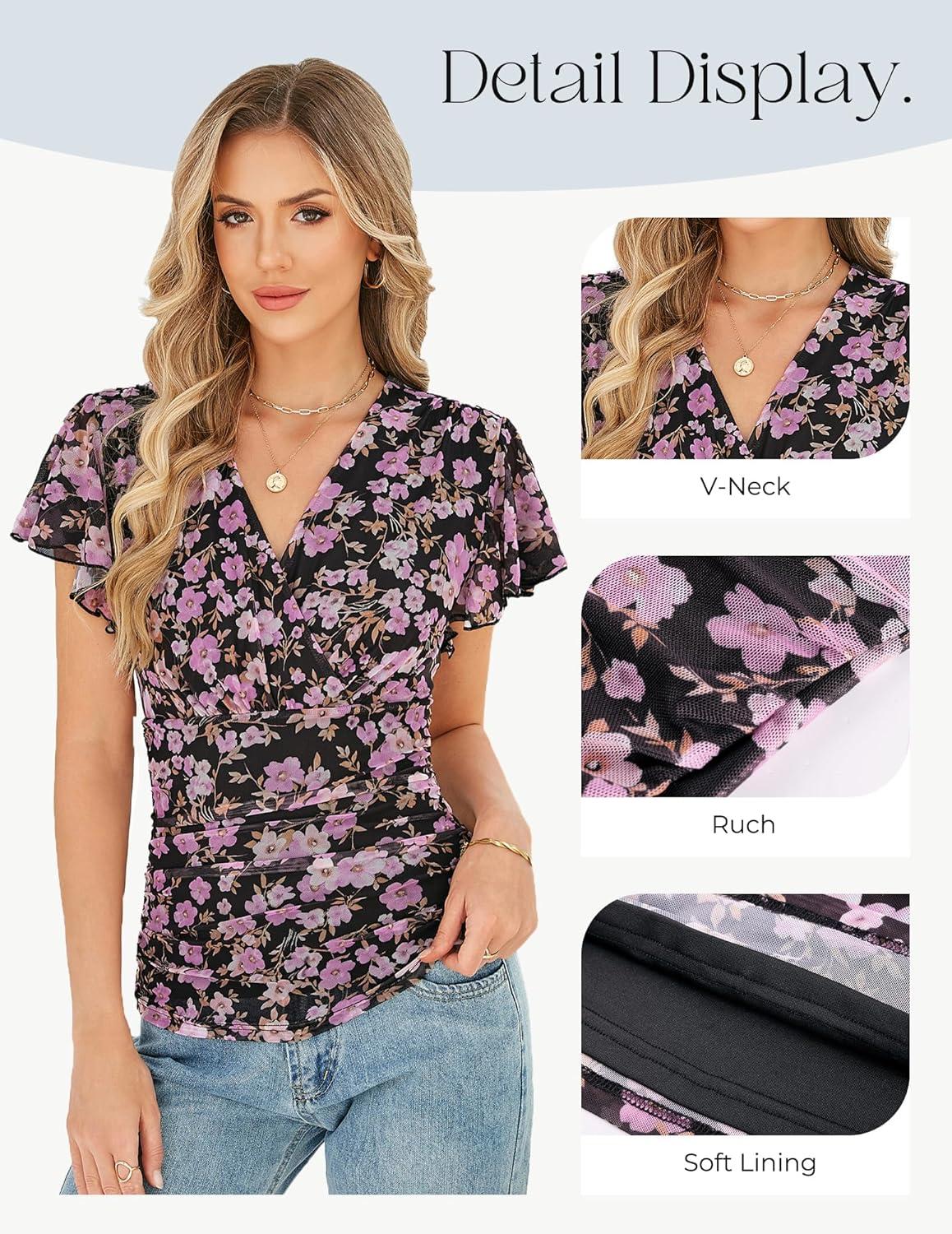 imageGRACE KARIN 2026 Womens Mesh Tops Summer Ruffle Sleeve Dressy Casual Top Floral Wrap Blouse Fashion OutfitsBlack Purple