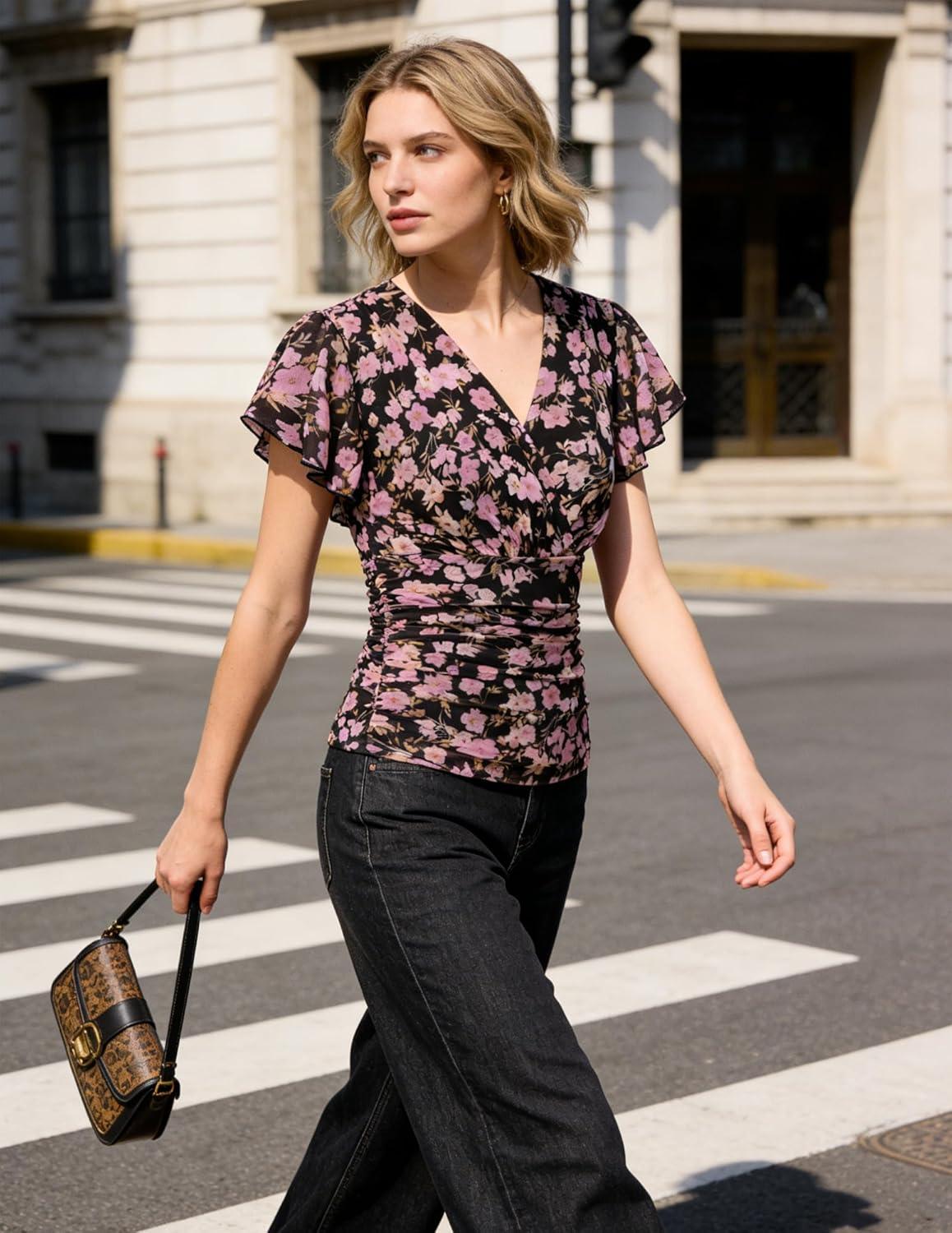 imageGRACE KARIN 2026 Womens Mesh Tops Summer Ruffle Sleeve Dressy Casual Top Floral Wrap Blouse Fashion OutfitsBlack Purple