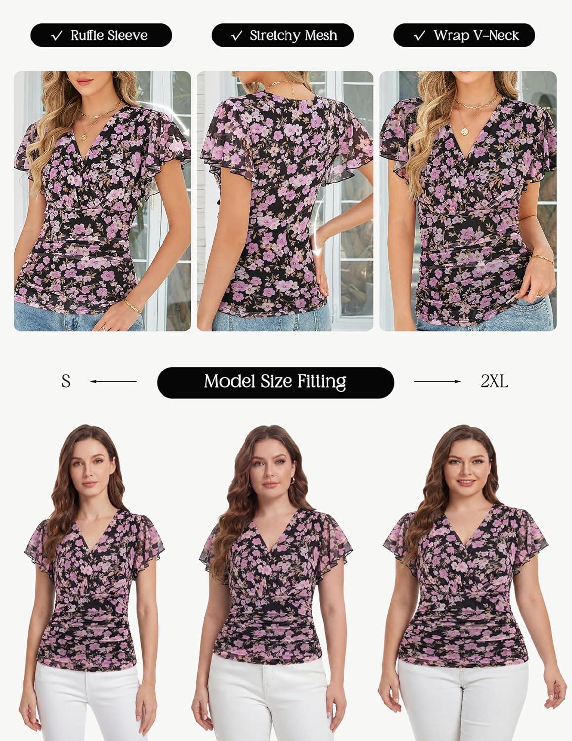 imageGRACE KARIN 2026 Womens Mesh Tops Summer Ruffle Sleeve Dressy Casual Top Floral Wrap Blouse Fashion OutfitsBlack Purple