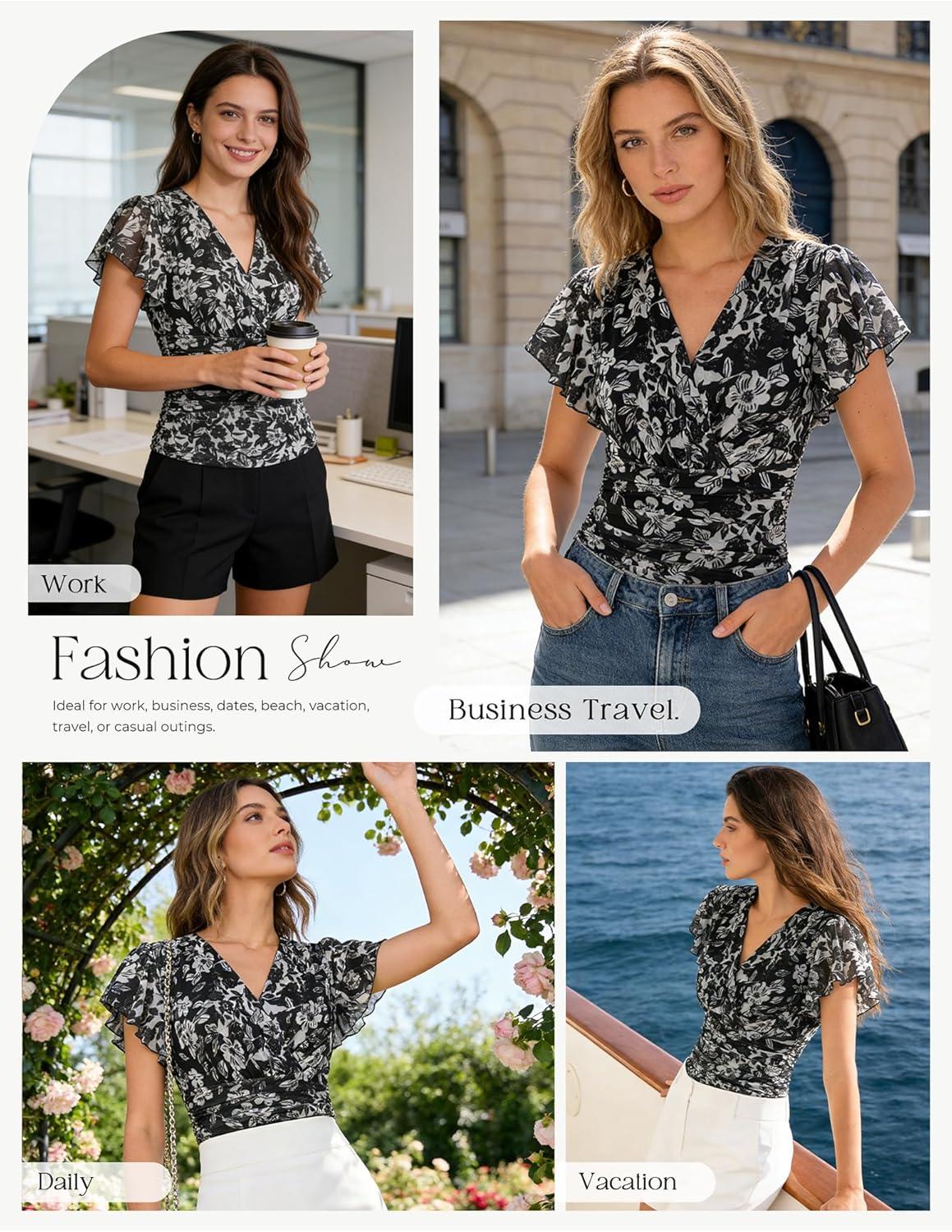 imageGRACE KARIN 2026 Womens Mesh Tops Summer Ruffle Sleeve Dressy Casual Top Floral Wrap Blouse Fashion OutfitsBlack White