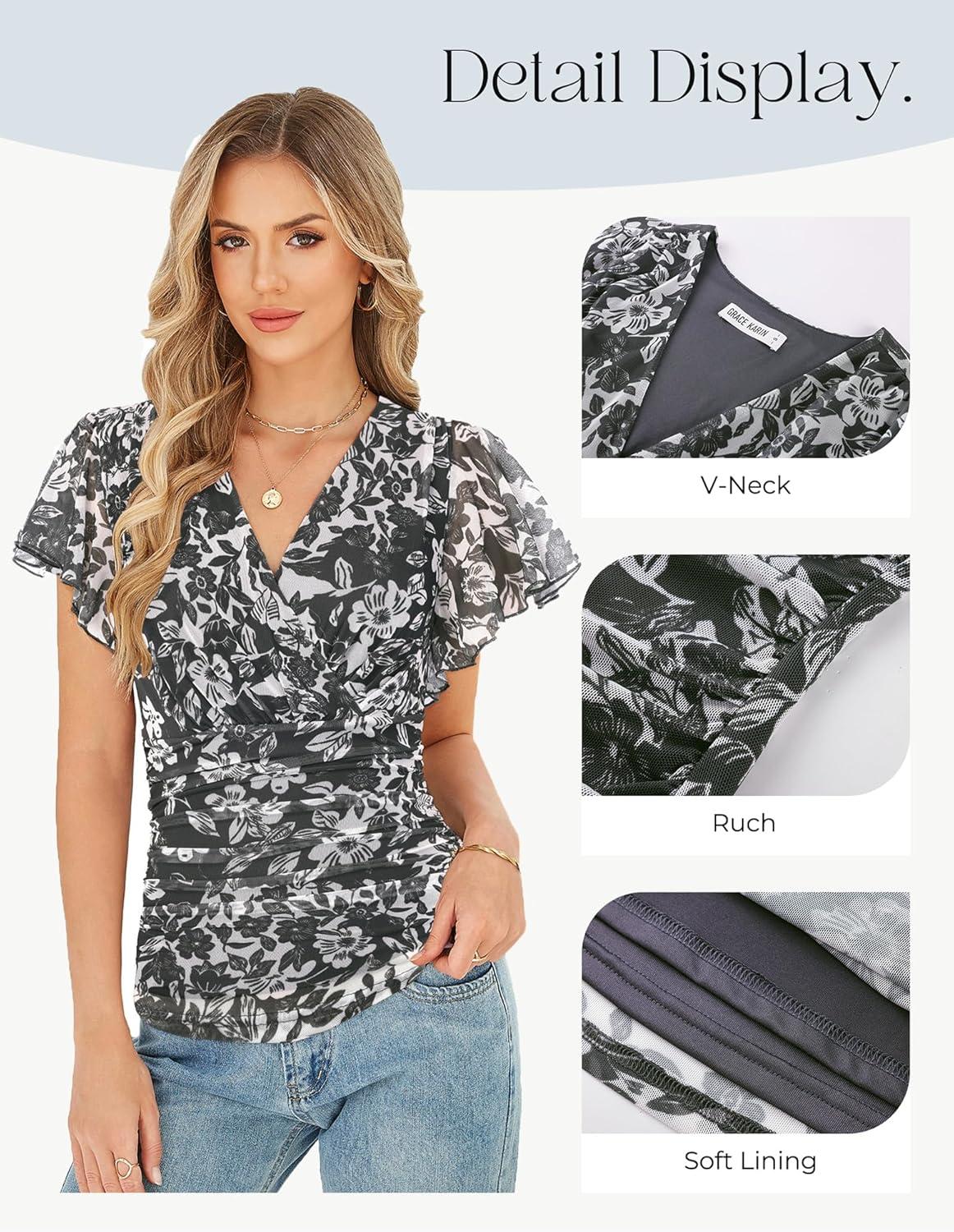 imageGRACE KARIN 2026 Womens Mesh Tops Summer Ruffle Sleeve Dressy Casual Top Floral Wrap Blouse Fashion OutfitsBlack White