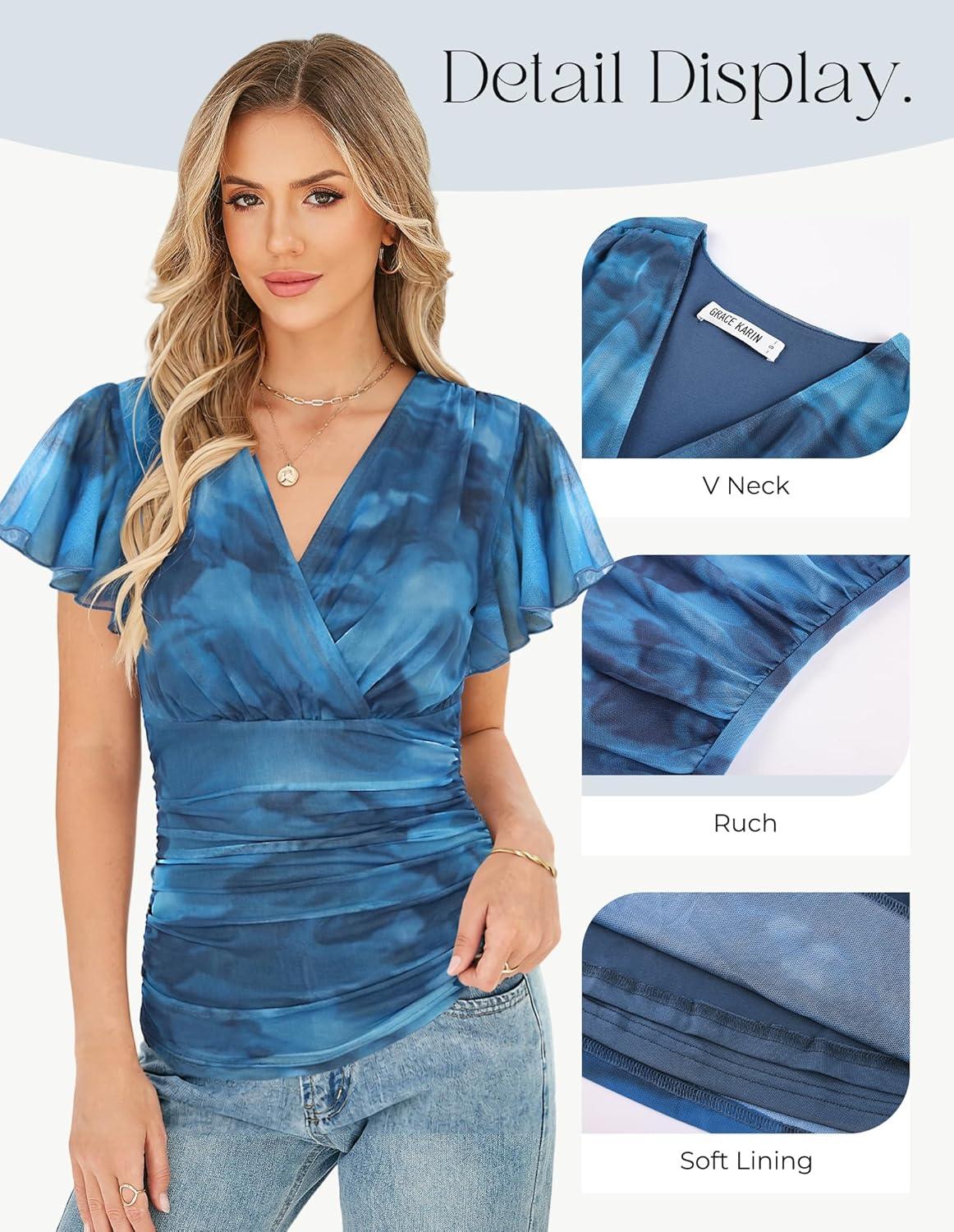 imageGRACE KARIN 2026 Womens Mesh Tops Summer Ruffle Sleeve Dressy Casual Top Floral Wrap Blouse Fashion OutfitsBlue