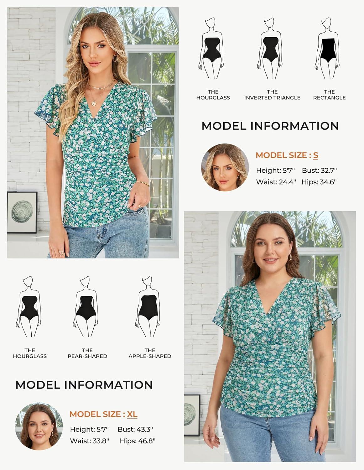 imageGRACE KARIN 2026 Womens Mesh Tops Summer Ruffle Sleeve Dressy Casual Top Floral Wrap Blouse Fashion OutfitsGreen White