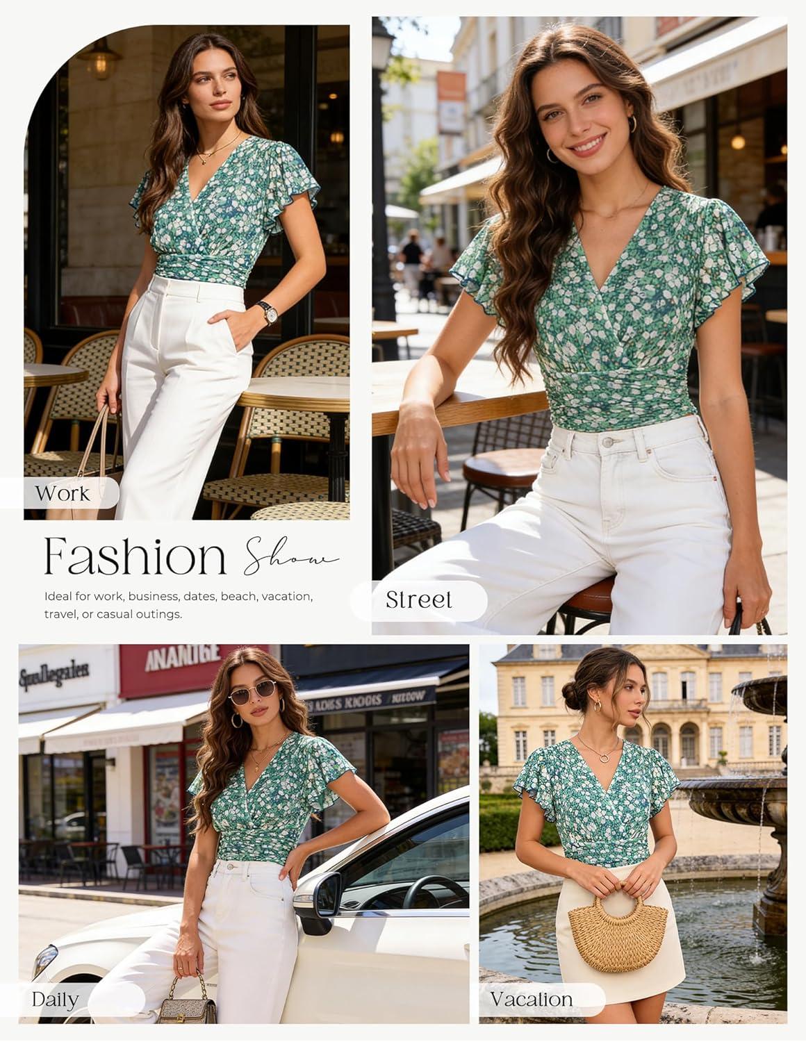 imageGRACE KARIN 2026 Womens Mesh Tops Summer Ruffle Sleeve Dressy Casual Top Floral Wrap Blouse Fashion OutfitsGreen White