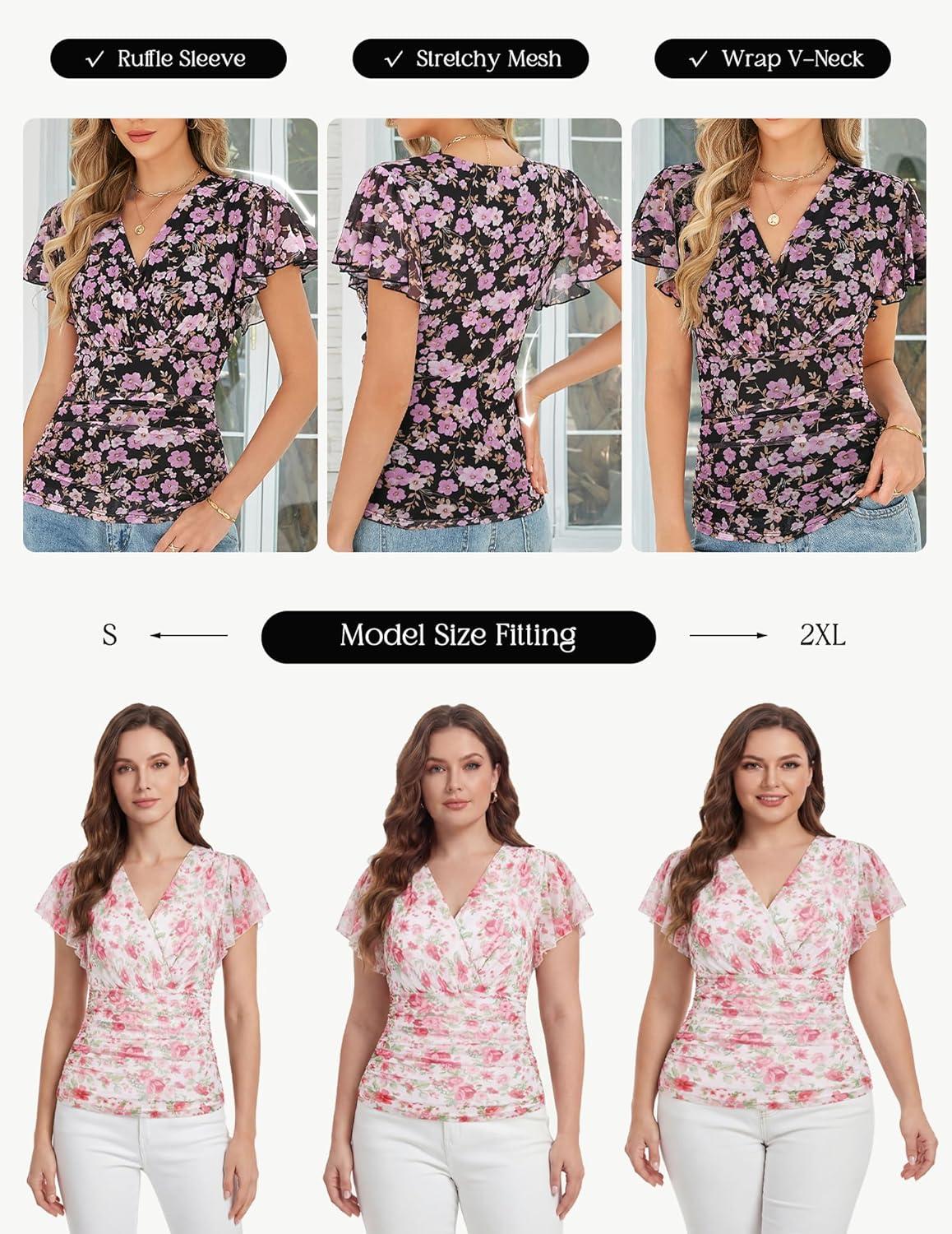 imageGRACE KARIN 2026 Womens Mesh Tops Summer Ruffle Sleeve Dressy Casual Top Floral Wrap Blouse Fashion OutfitsPink White