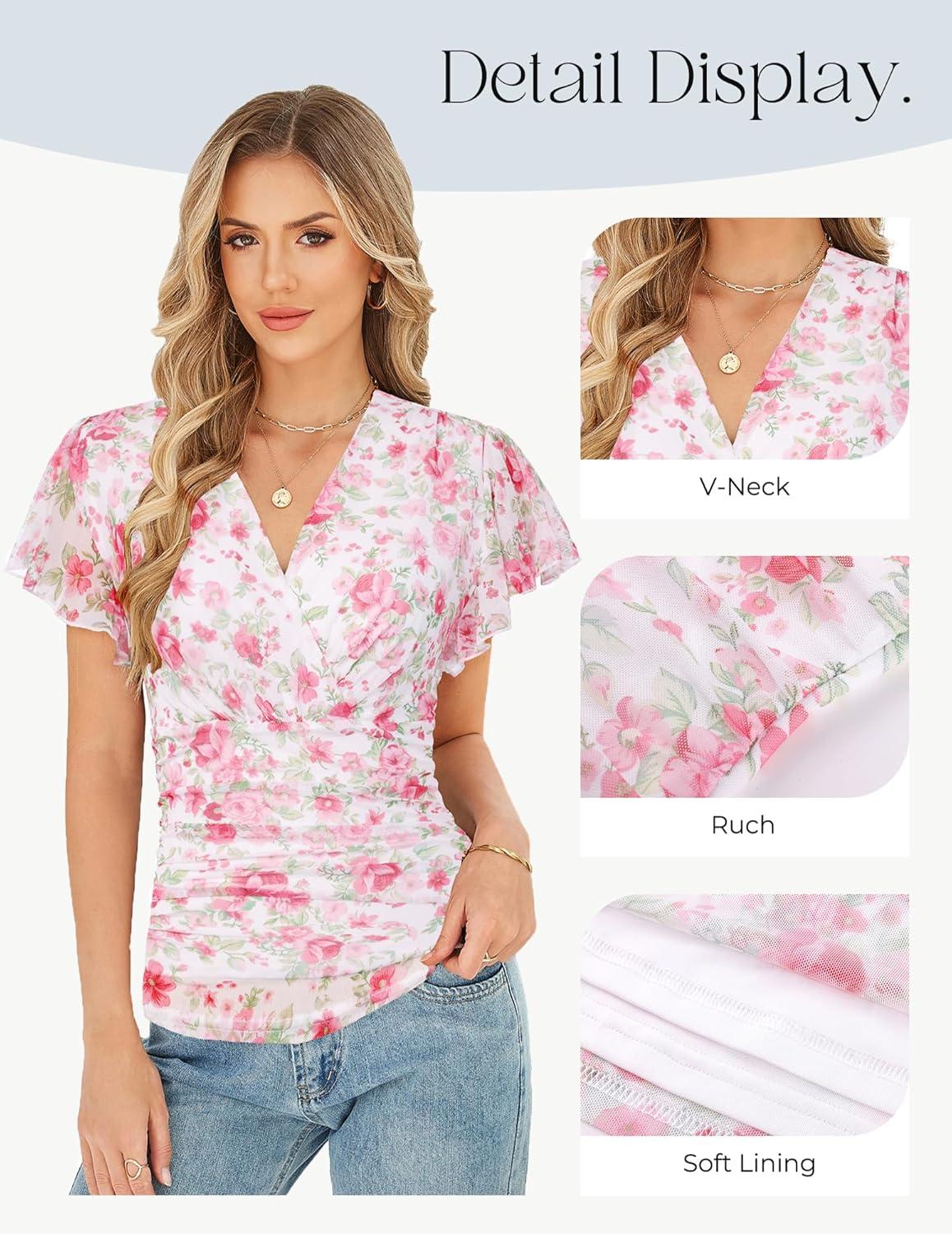 imageGRACE KARIN 2026 Womens Mesh Tops Summer Ruffle Sleeve Dressy Casual Top Floral Wrap Blouse Fashion OutfitsPink White