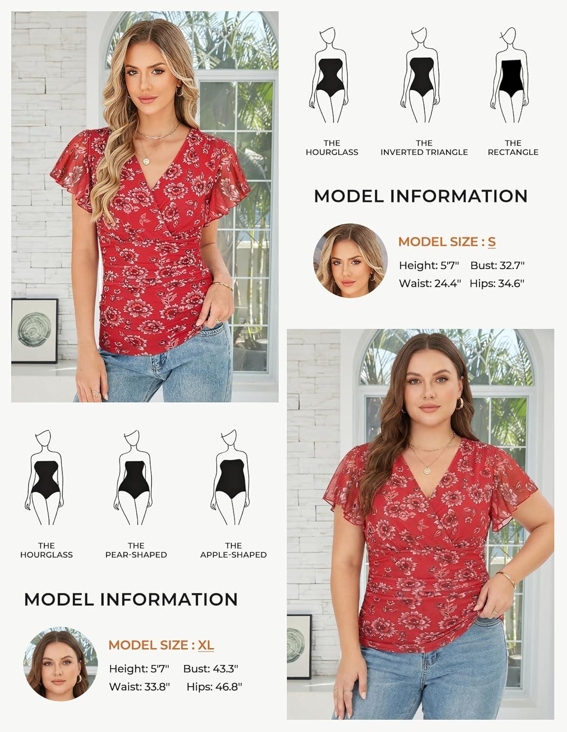 imageGRACE KARIN 2026 Womens Mesh Tops Summer Ruffle Sleeve Dressy Casual Top Floral Wrap Blouse Fashion OutfitsRed